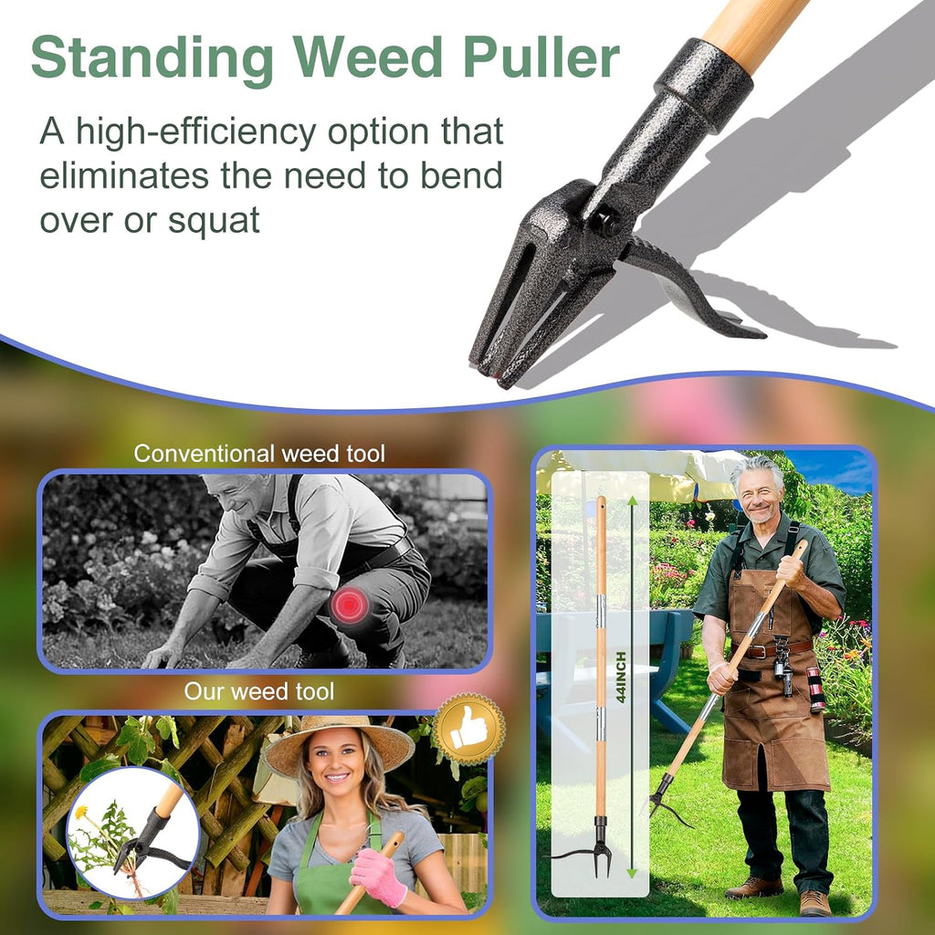 Weed Puller Stand Up Weed Puller Tool with Wooden Long Handle Foot Platform Design 4-Claw Steel Head & Removable