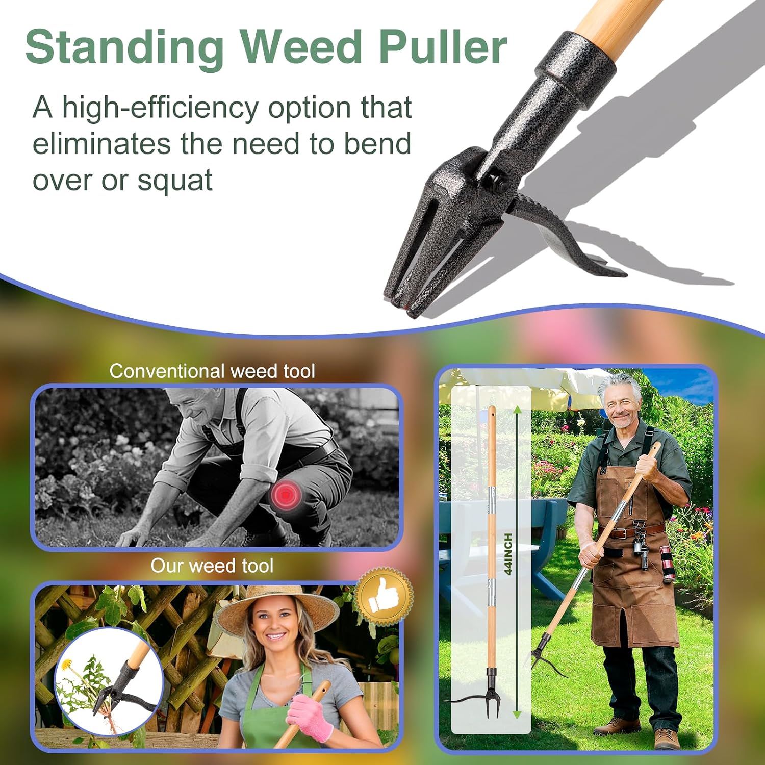 Weed Puller Stand Up Weed Puller Tool with Wooden Long Handle Foot Platform Design 4-Claw Steel Head & Removable