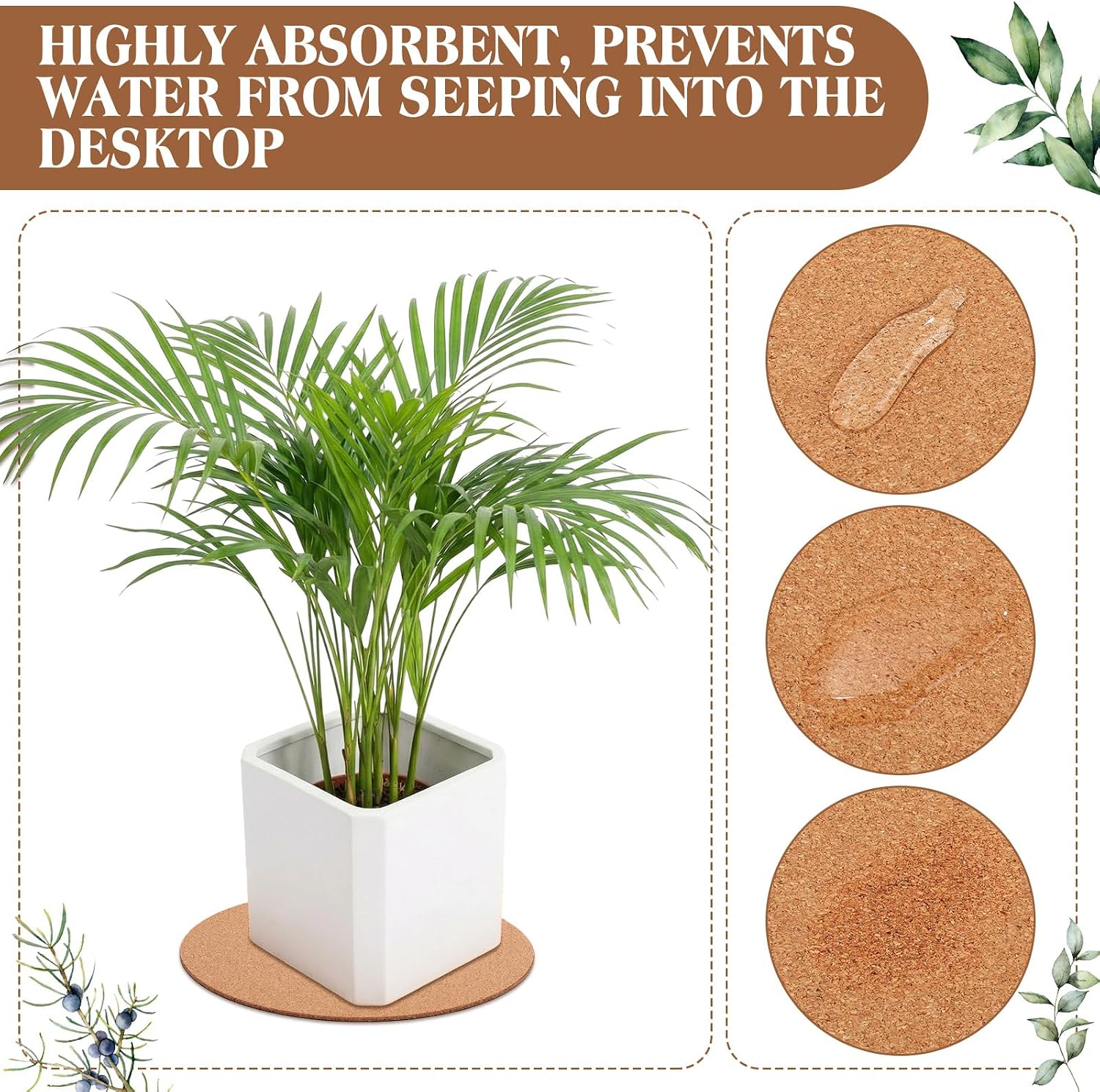 Gejoy 20 Pcs Cork Plant Coasters, Cork Plant Mats Absorbent Round Saucers Placemats for Indoors, Planters, House