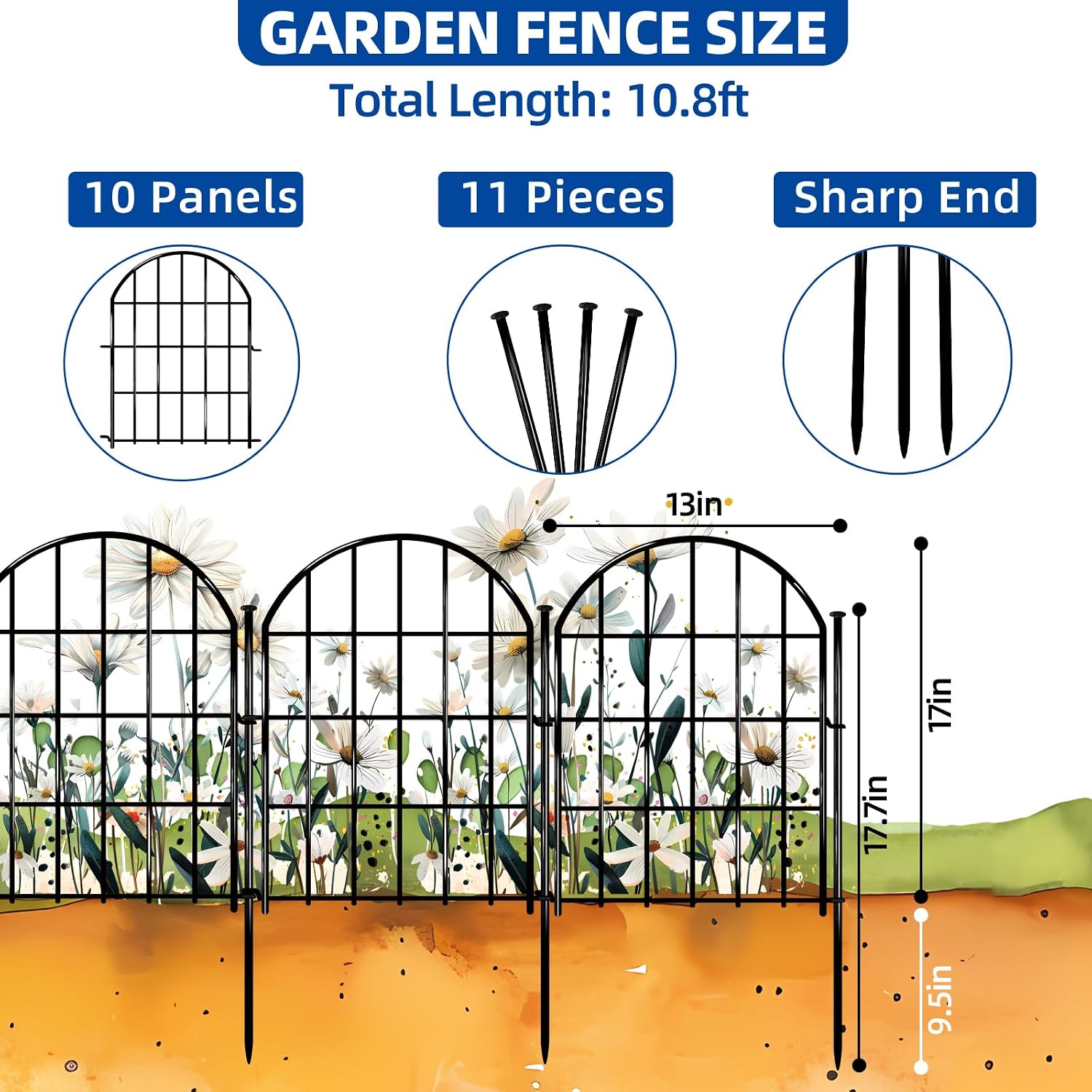 Decorative Garden Fence, 17in X 10.8ft No Dig Fence Panels, Arched Rustproof Metal Garden Fencing Animal Barrier