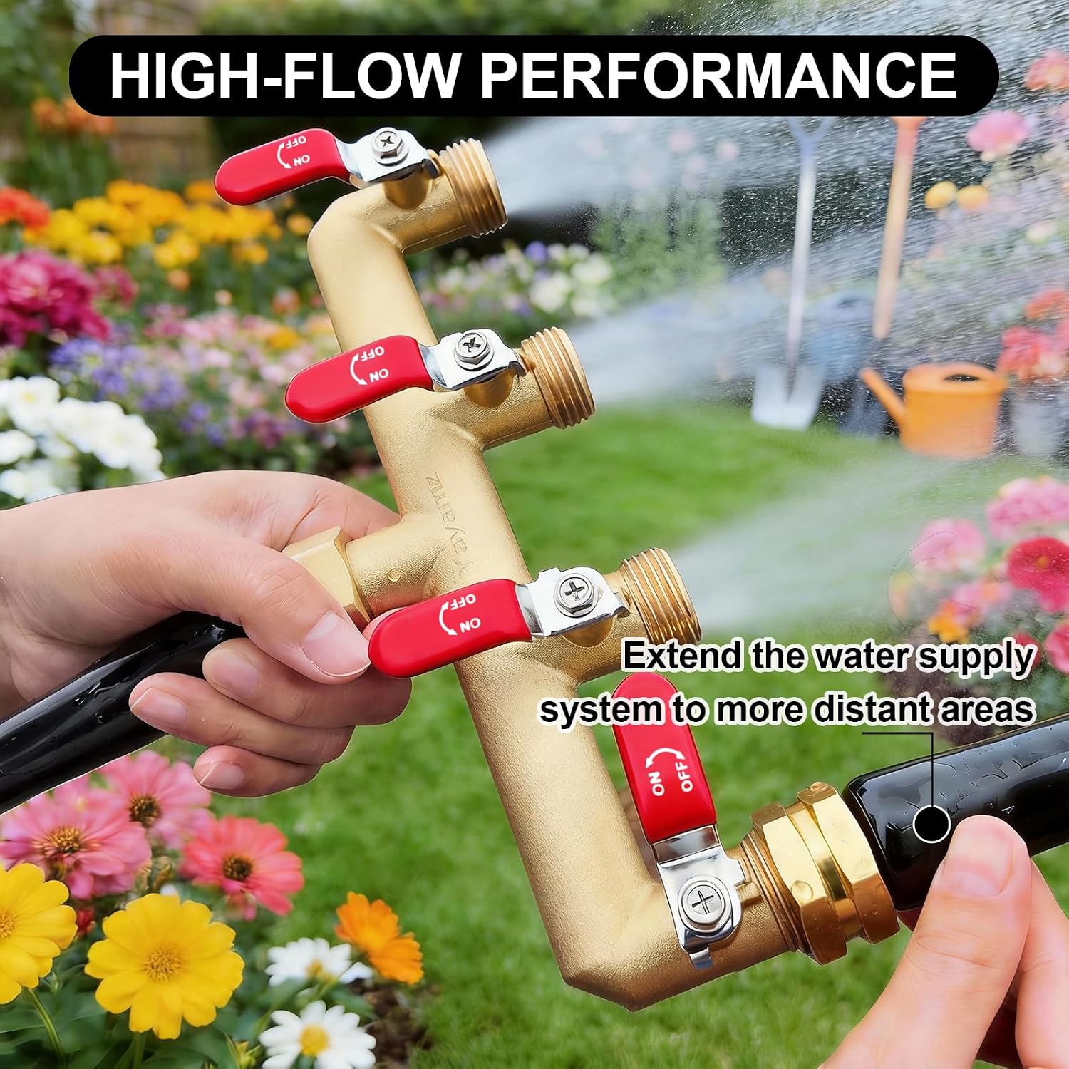 4 Way Garden Hose Splitter, 3/4" GHT Outdoor Water Spigot Splitter | Heavy Duty Solid Brass Body with Shut-off Valves &