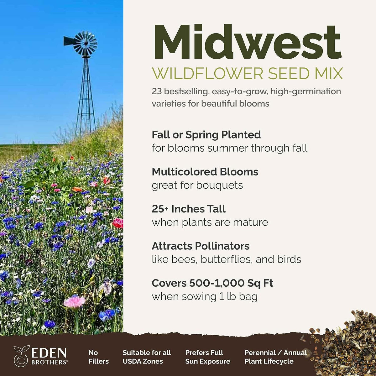 Eden Brothers Midwest Wildflower Mixed Seeds for Planting, 1 lb | 480,000+ Seeds with Cornflower, Candytuft, Mexican