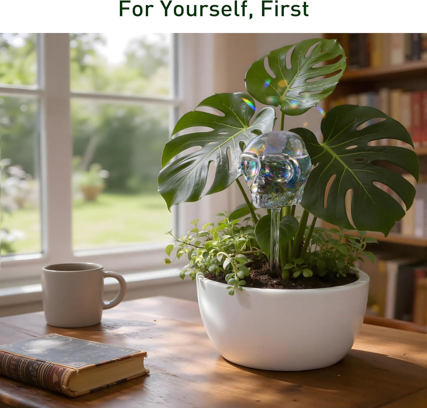 Soilagua 10 oz Smiling Cute Skull Glass Plant Watering Globes, Halloween Goth Iridescent Clear Water Bulbs, Gothic