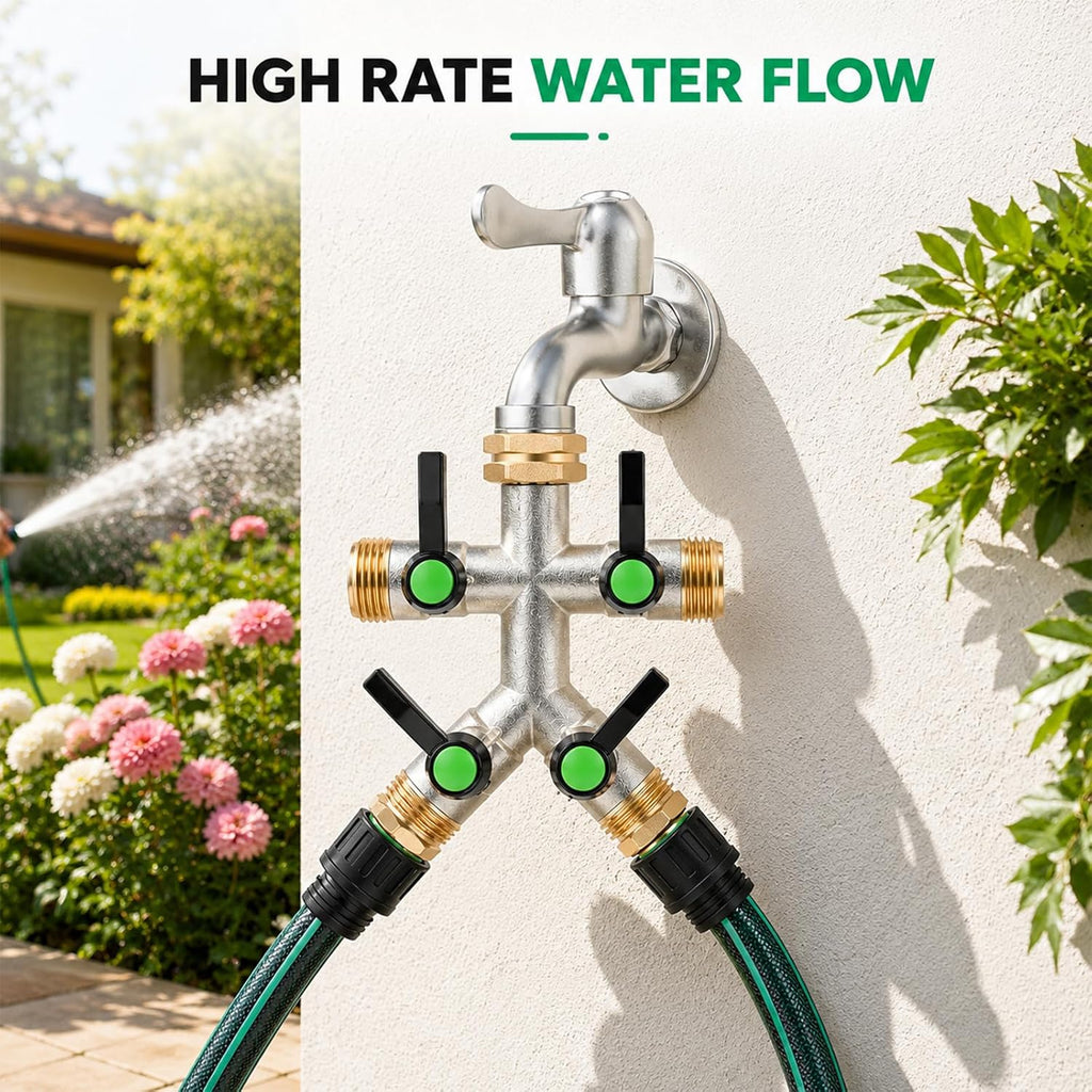 4 Way Hose Splitter, Heavy Duty Brass Garden Hose Connector, 3/4" GHT Water Spigot Splitter with 4 Shutoff Valves, High