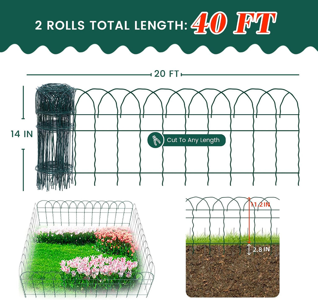 PROWORX Green Small Garden Fence Border Curve Wire Fencing 14”x40’(2 Rolls) | 2 Pack Metal Folding Decorative Flower