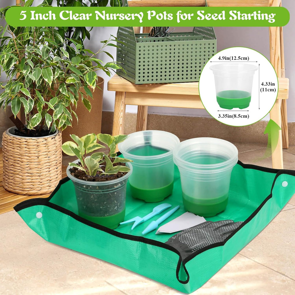 Caffox 45PCS Reusable Seed Starter Kit Includes 20 Packs 5" Clear Nursery Pots with Silicone Base, Repotting Mat
