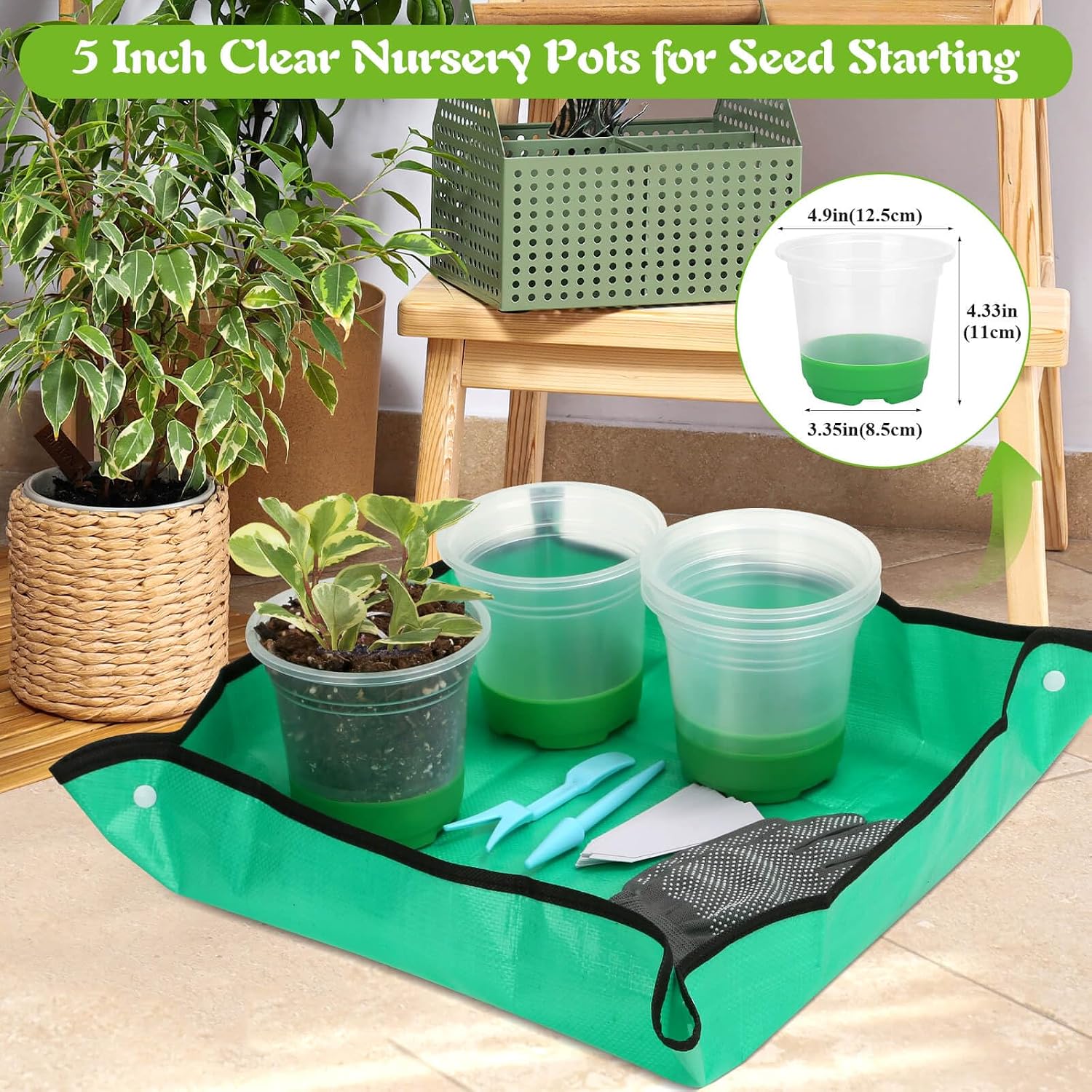Caffox 45PCS Reusable Seed Starter Kit Includes 20 Packs 5" Clear Nursery Pots with Silicone Base, Repotting Mat