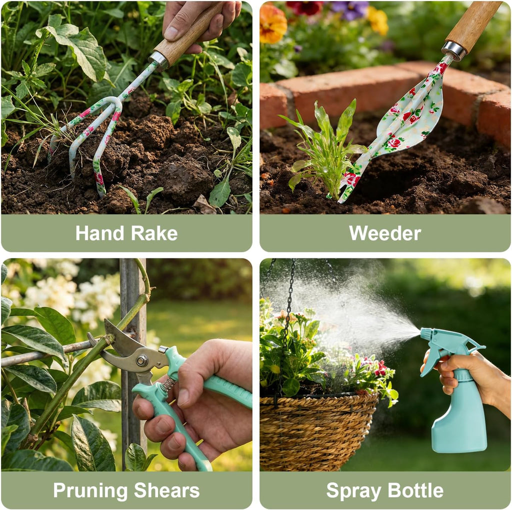 WANCHI Light Green Gardening Set, 10-Piece Garden Tool Kit with Trowel, Hoe, Shovel & Rake, Ideal Gardening Gift for