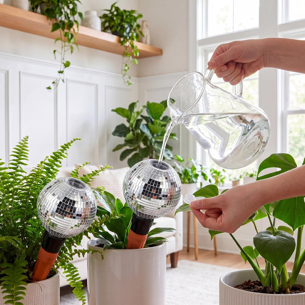 Pangda 2 Pack Disco Self Watering Spikes 15oz Plant Watering Globes with Disco Ball Decor Slow Release Vacation Insert