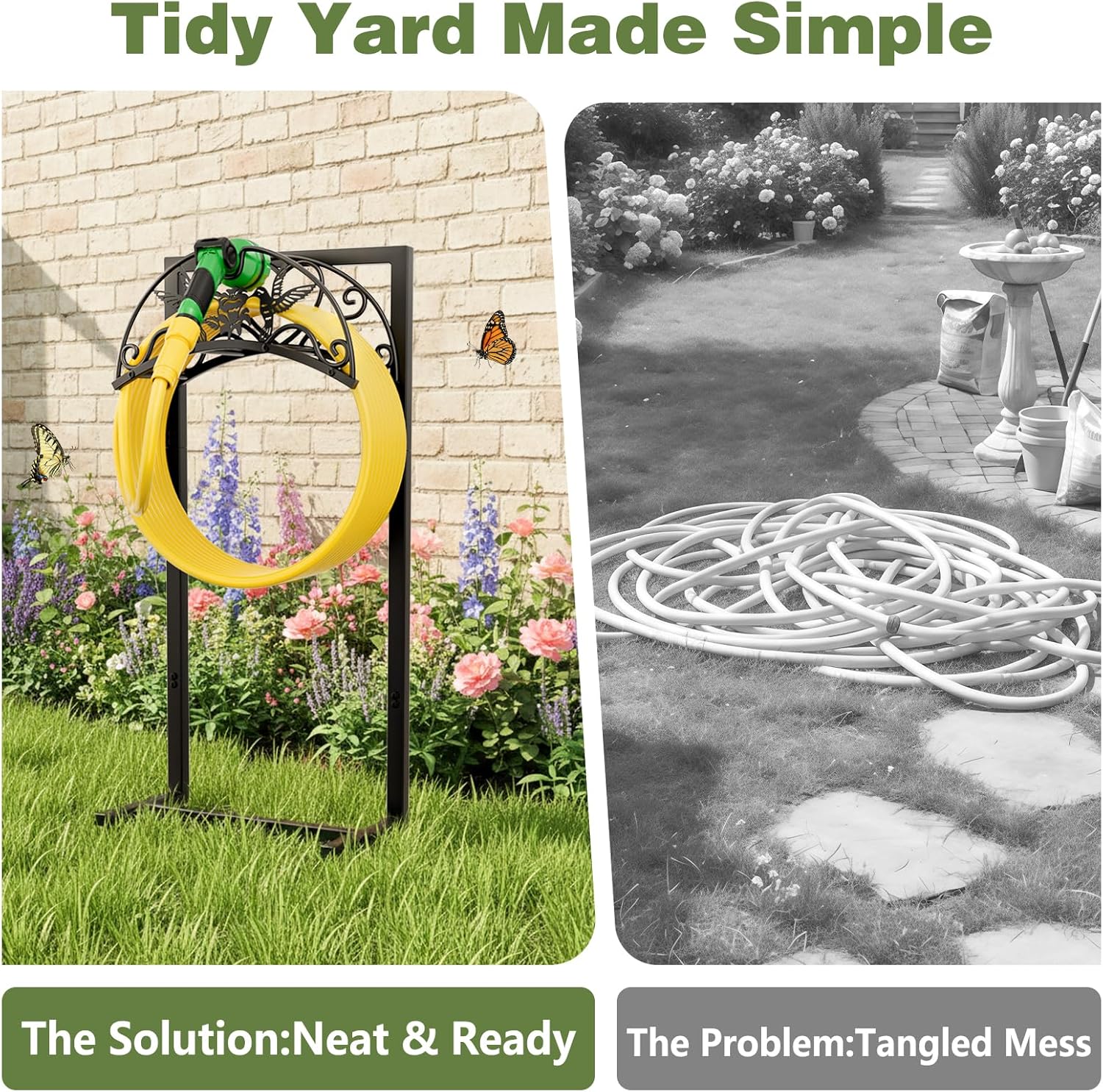 Garden Hose Holder - Upgraded Electrophoretic Coating Anti-Rust Graden Hose Storage Rack with Hummingbird Pattern Holds
