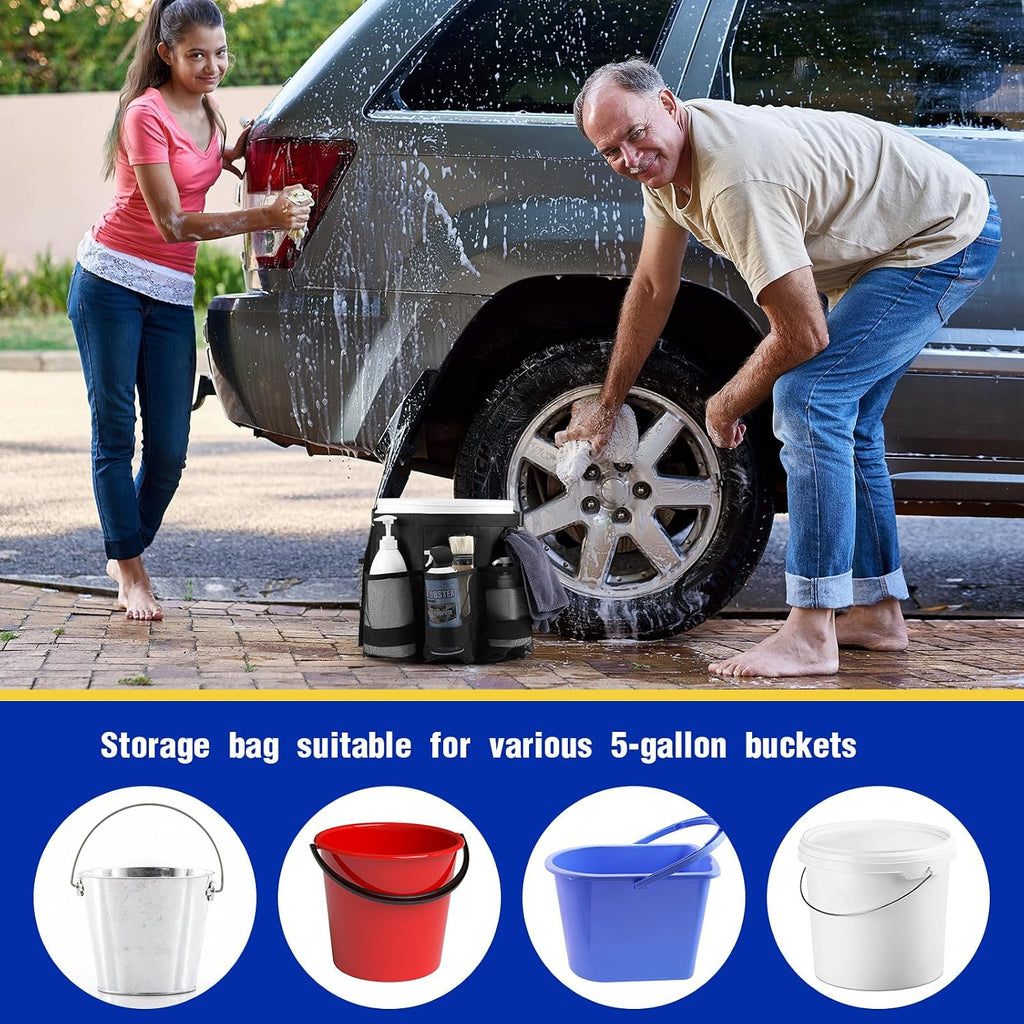 2 Pcs Bucket Organizer for 5 Gallon Car Wash Caddy Bucket Tool Bag with 6 Mesh Pockets for Cleaning Garden Fishing