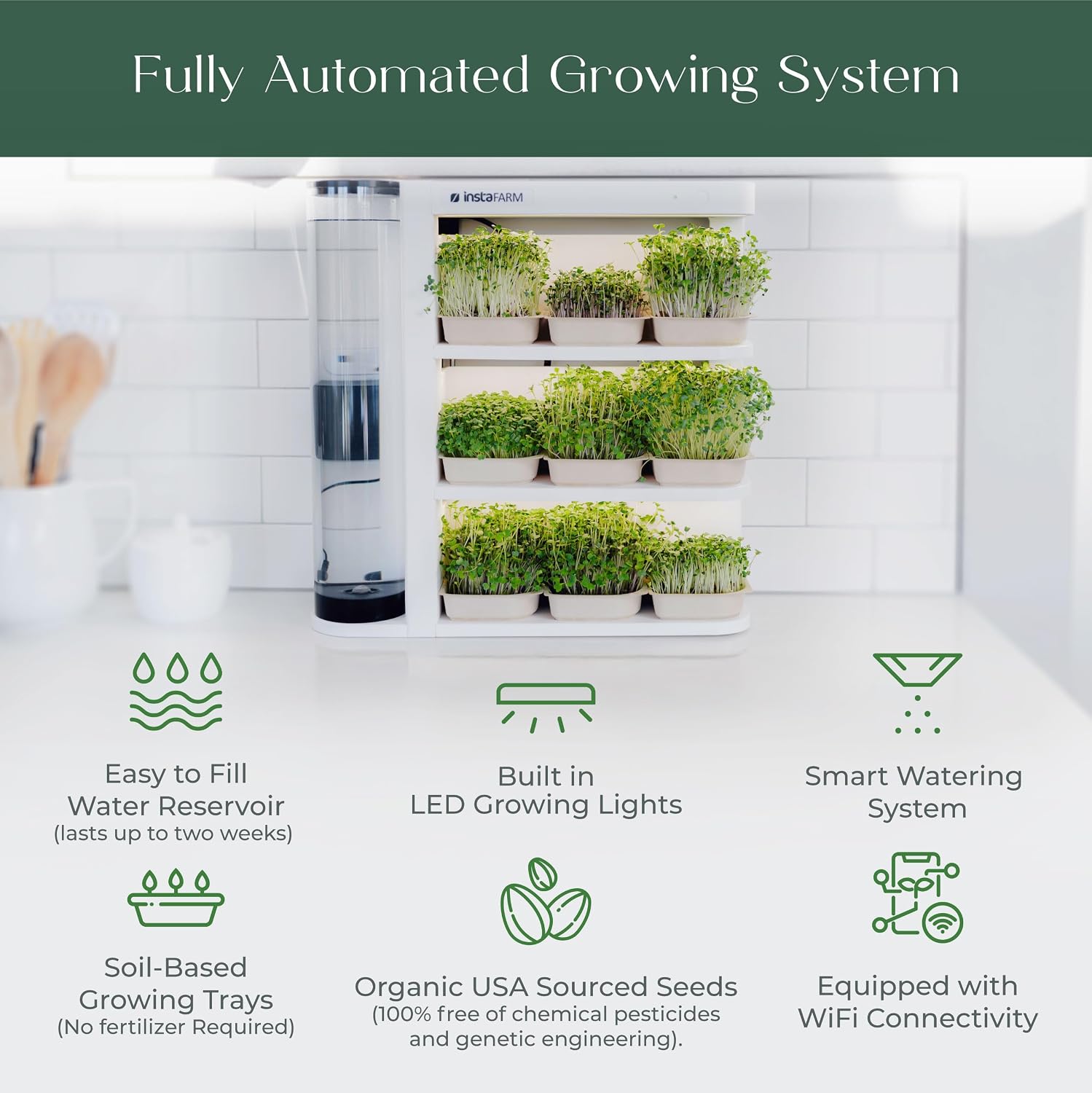 Indoor Garden, Fully Automated LED Growing Unit for Microgreens, Herbs, Leafy Greens, Organic Soil-Based, Low/No