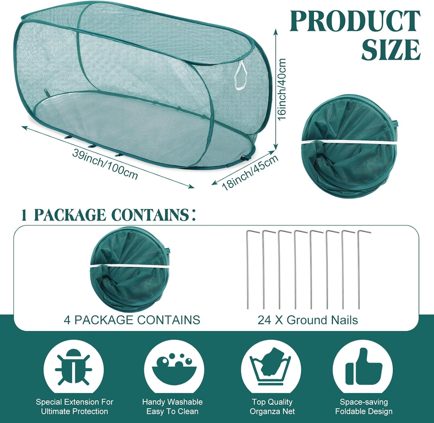 4 Pcs 39" x 18" x 16" Pop up Garden Mesh Plant Cover Outdoor Plant Protector Garden Row Raised Bed Cover with Ground