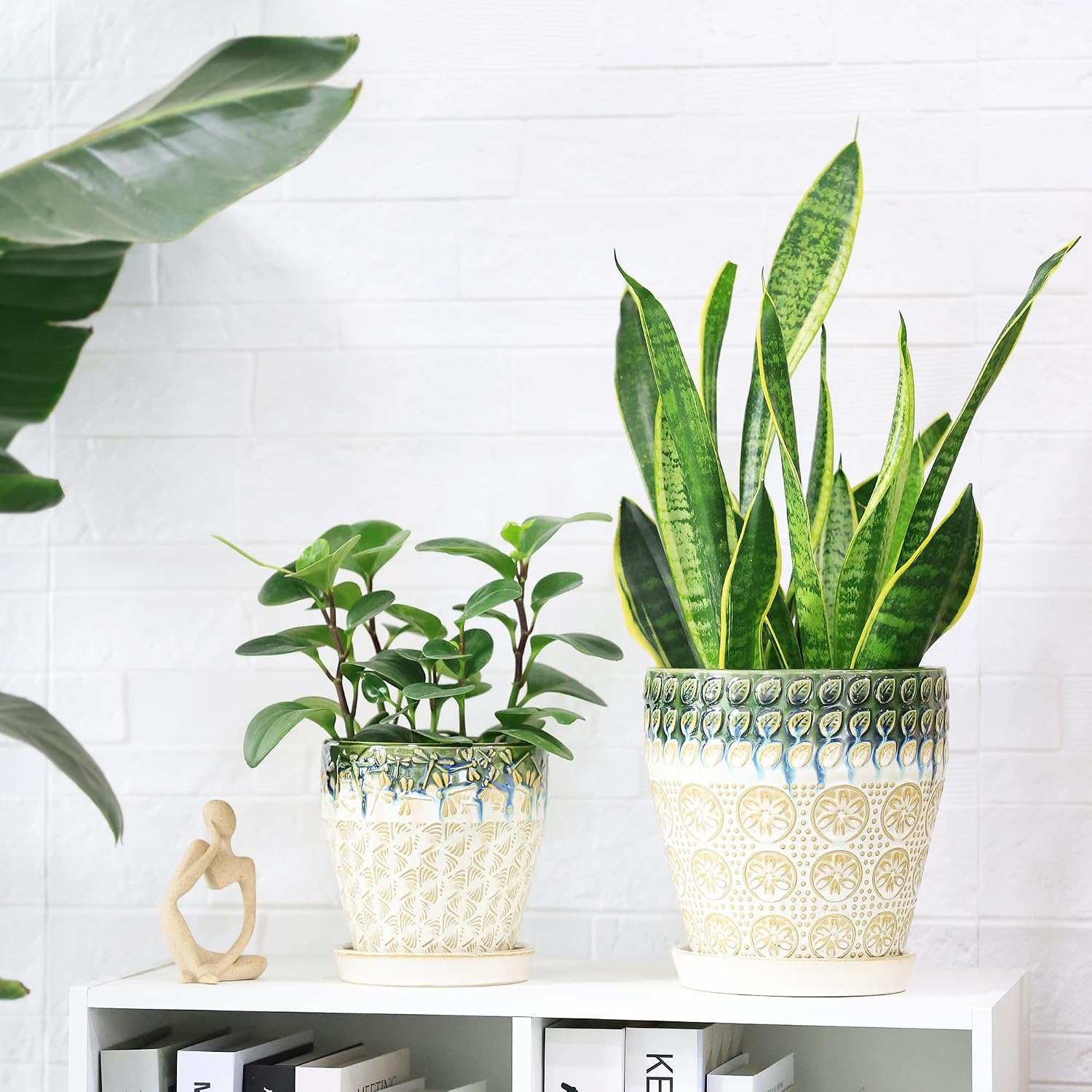 Ceramic Planter Pots for Indoor Plants, 8Inch + 6 Inch Plant Pot with Drainage Holes, Saucers and Mesh Pads, Succulent
