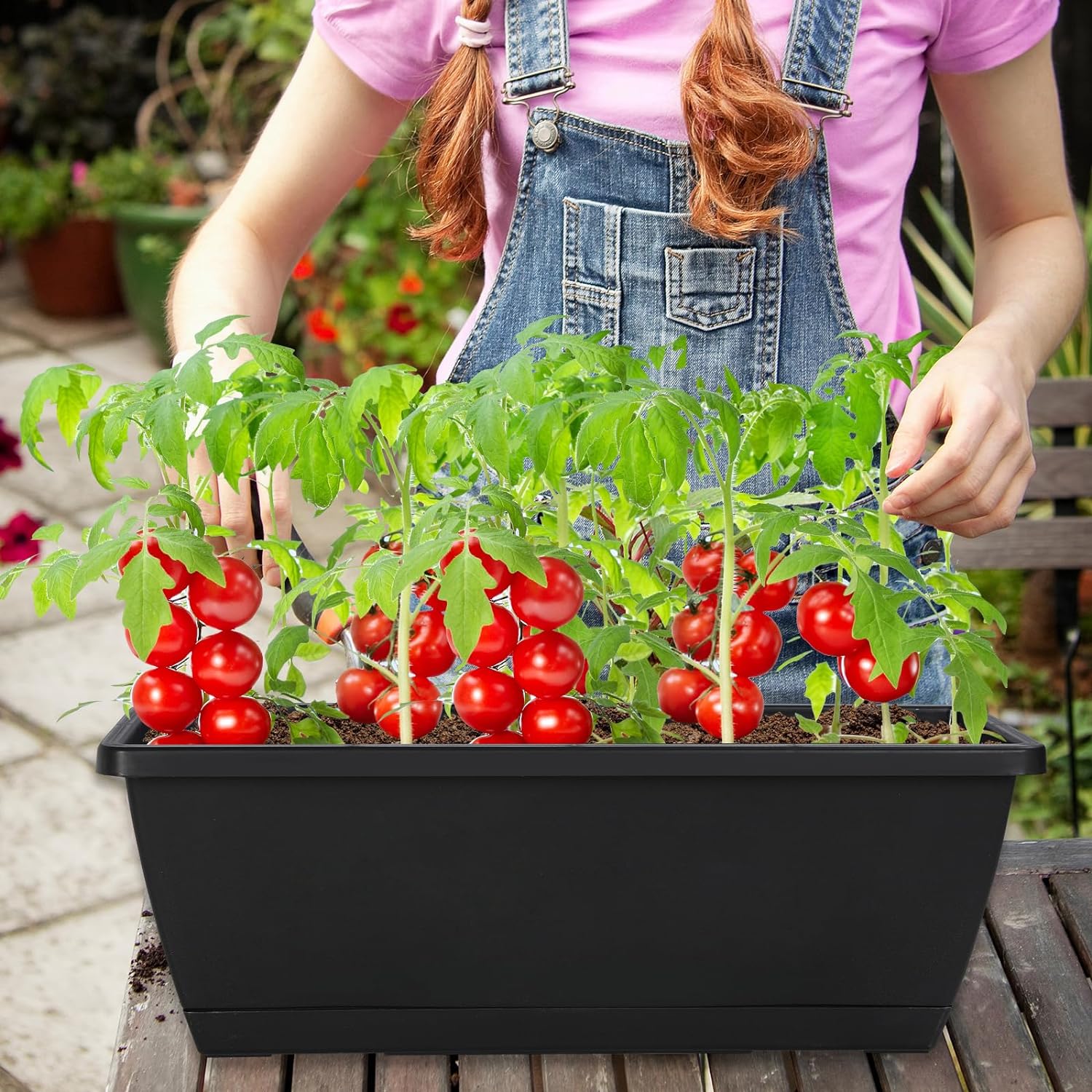 12Pcs 17Inches Rectangle Planter Box with Drainage Holes and Trays | Plastic Planters Flower Boxes Pots for Indoor