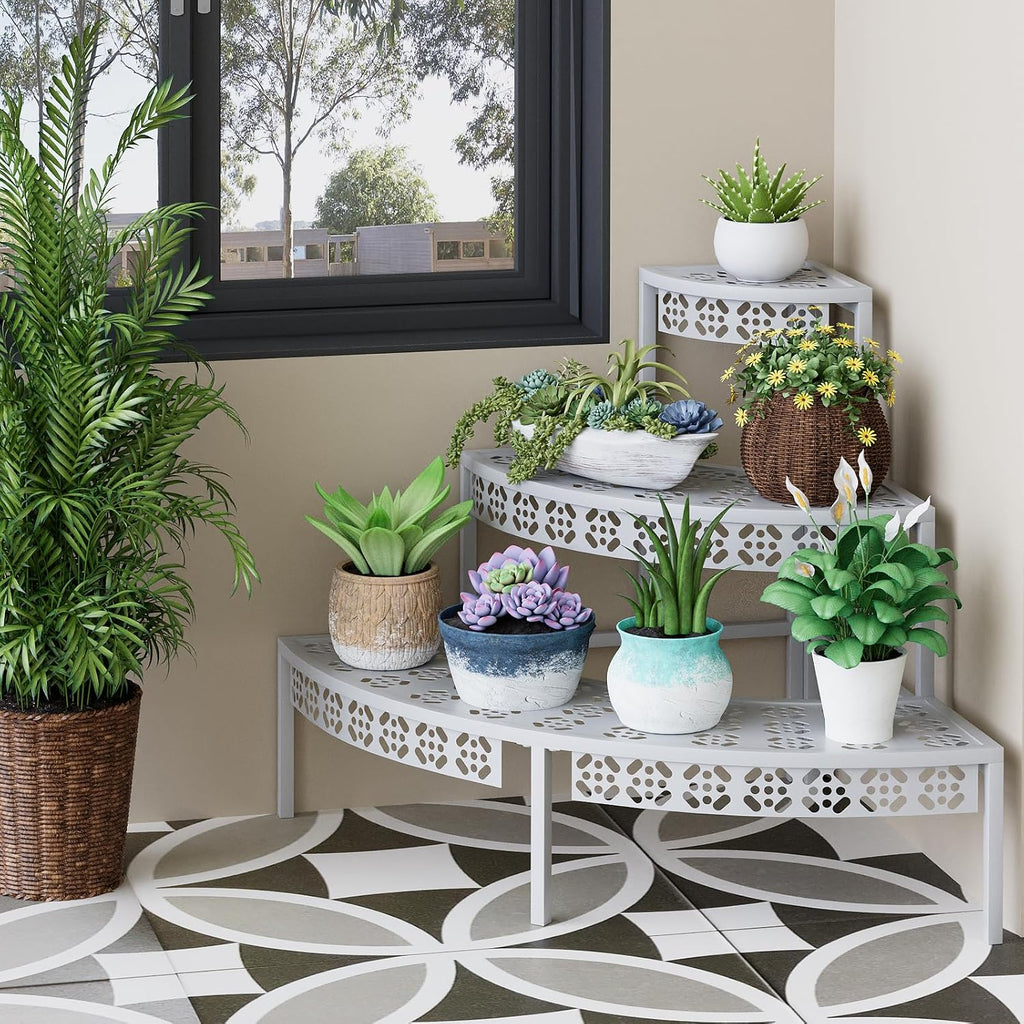 3-Tier Semi-Circular Metal Plant Stand, Quarter Round Rack | Semi-circular quarter-round design,3-tier stair style for
