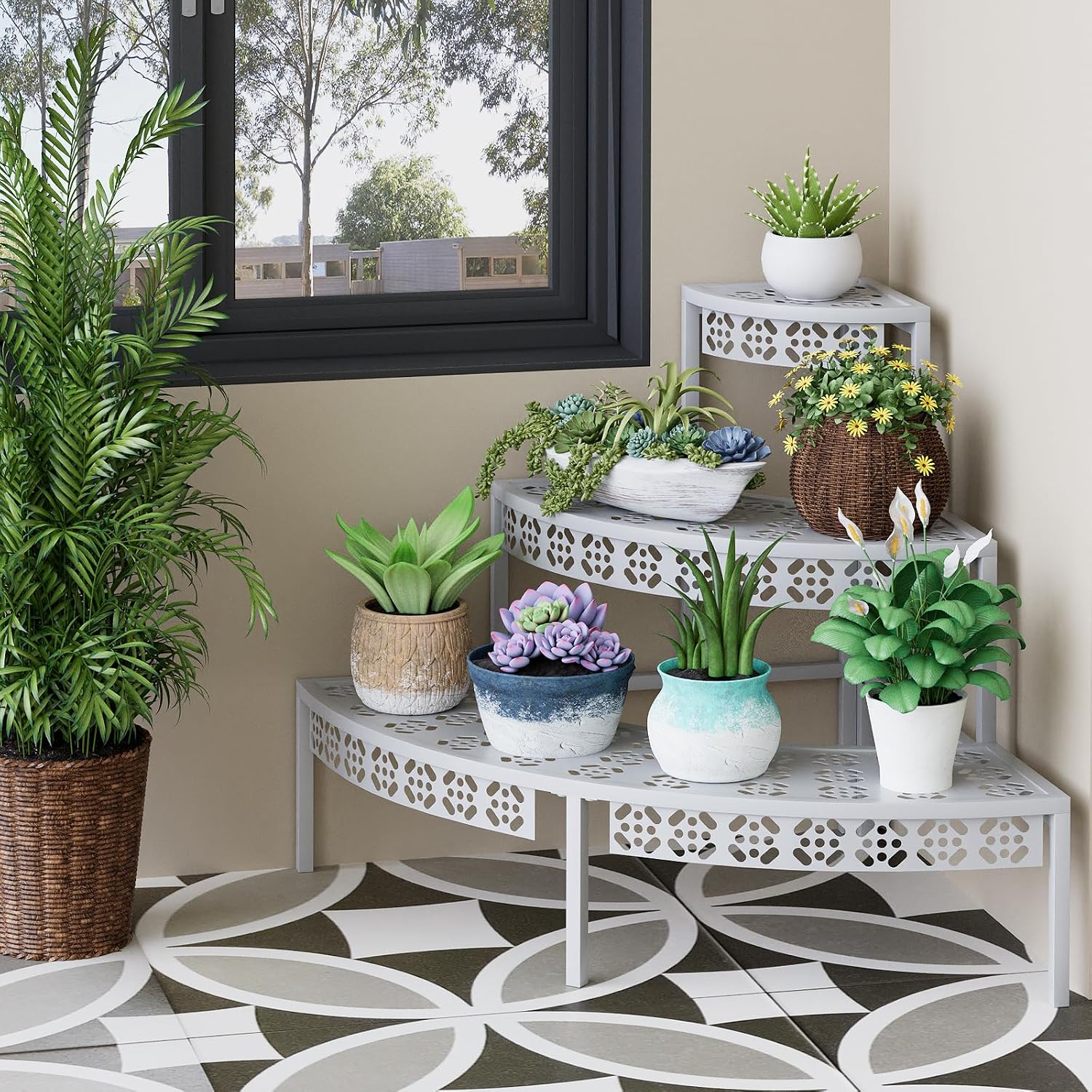 3-Tier Semi-Circular Metal Plant Stand, Quarter Round Rack | Semi-circular quarter-round design,3-tier stair style for