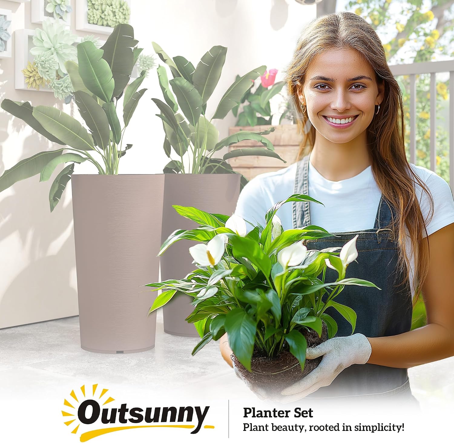Outsunny 29 Inch Tall Planters for Outdoor Plants Set of 2, Brown | Plastic Flower Pots, DIY Drainage Holes, Stackable