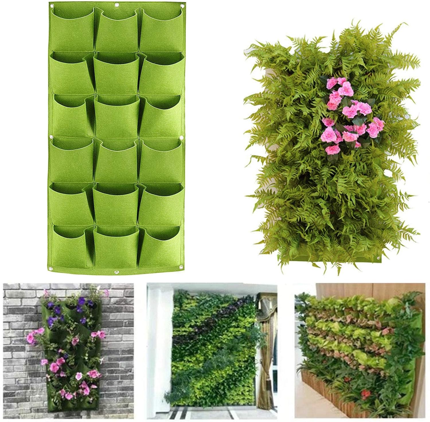 ZOENHOU 2 Pack Total 36 Roomy Pockets Green Vertical Garden Planter, Wall-Hanging Flower Pot Bags, Felt Wall Mount
