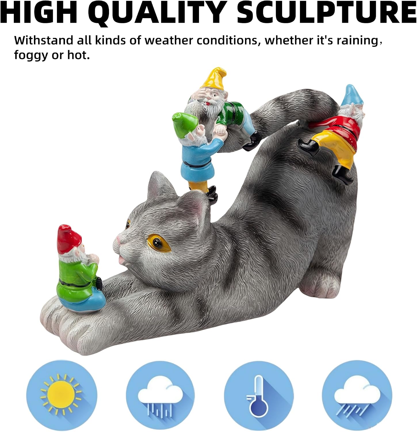 Adorable Cat with Gnomes Garden Statue,Hand-Painted Resin Outdoor Decor | for Patio & Lawn, Unique Gift for Cat Lovers