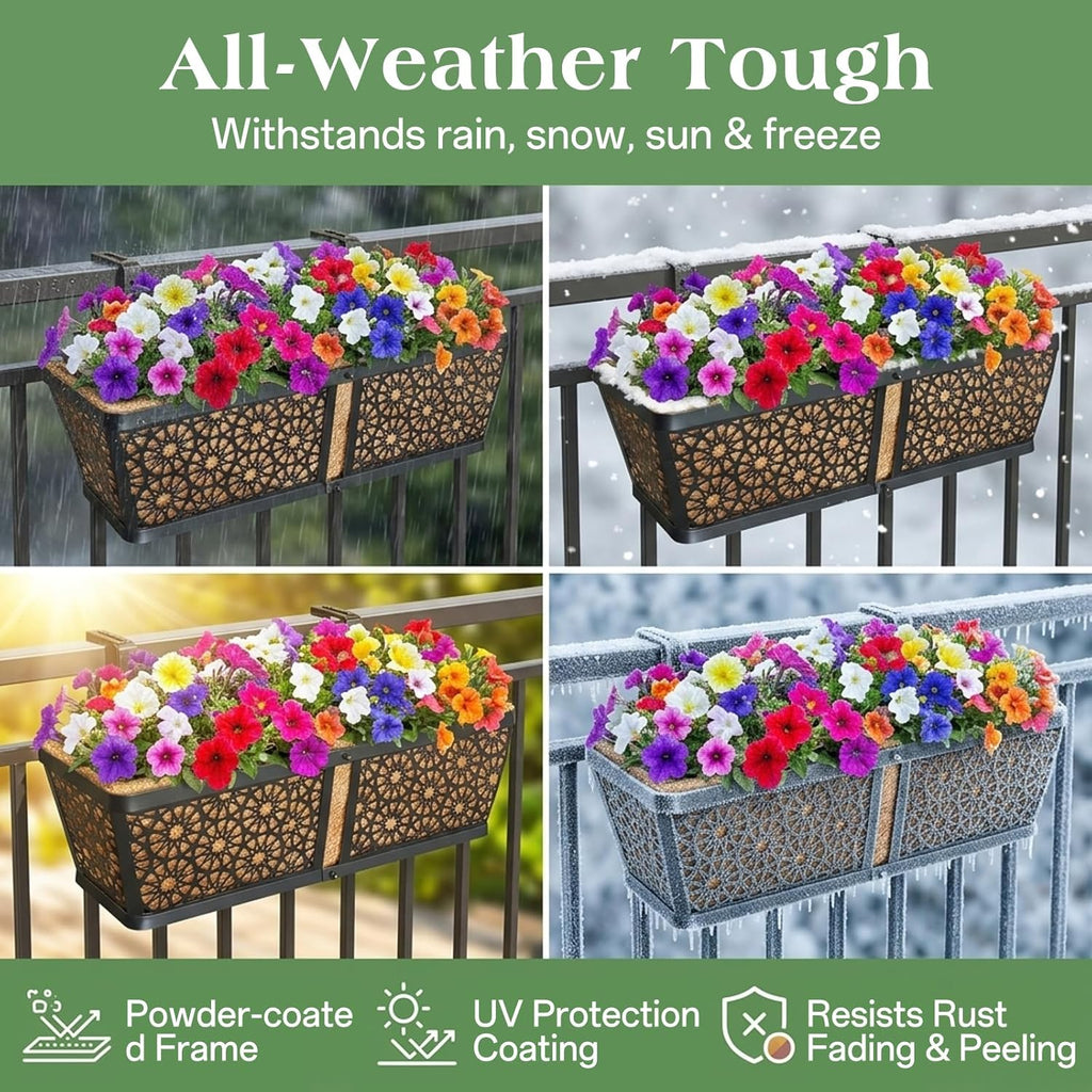 3 Pack Over Railing Planter Box, 24 Inch Window Box with Coco Liner | with Adjustable Brackets, Rust-Resistant Metal