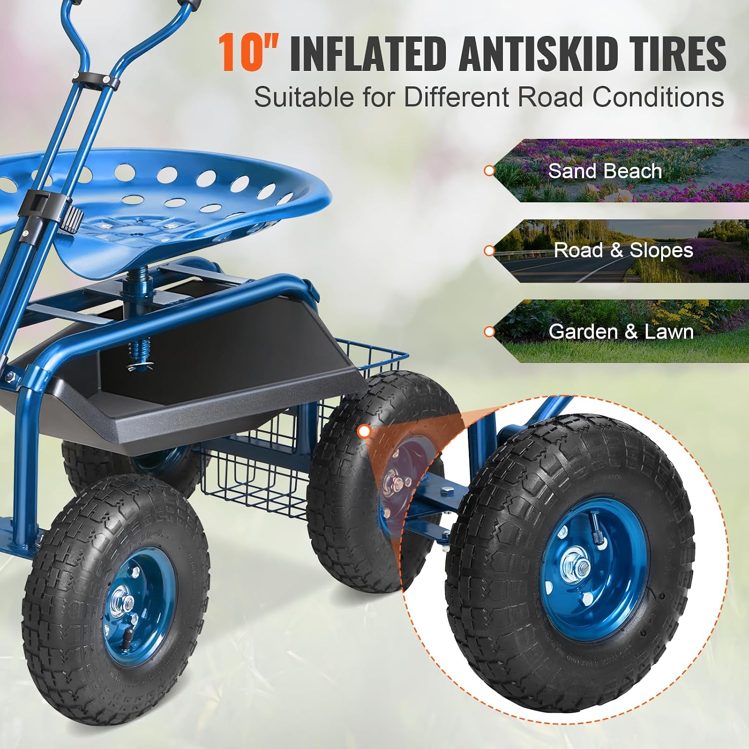 VEVOR Garden Cart Rolling Workseat with Wheels, Gardening Stool for Planting, 360 Degree Swivel Seat, Wagon Scooter