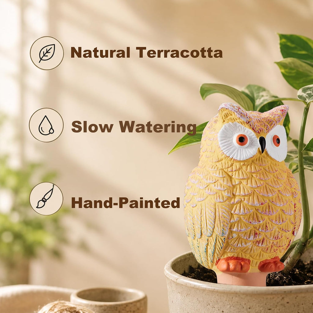 Yeswhat Self Watering Plant Spikes 4 Pack, Terracotta Owl Automatic Plant Waterer for Indoor Outdoor Plants, Slow