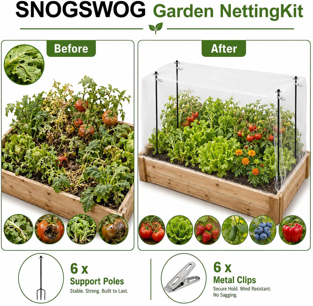9.8×15FT Garden Netting Covers Kit for Raised Beds, 6 Pack 2.6FT Garden Poles Support Stakes with Pest Barrier Plant