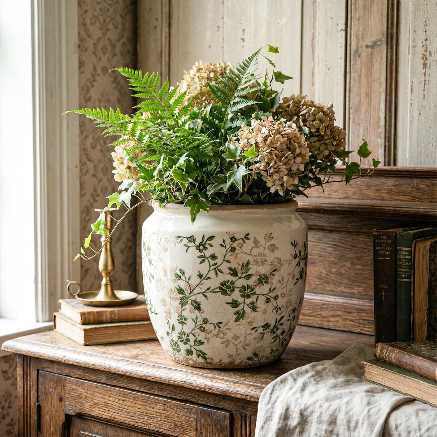 LemonRoad 7 Inch Large Vintage Ceramic Planter with Drainage Holes Ice Crackle Flower Vase Flower Pot with Rustic