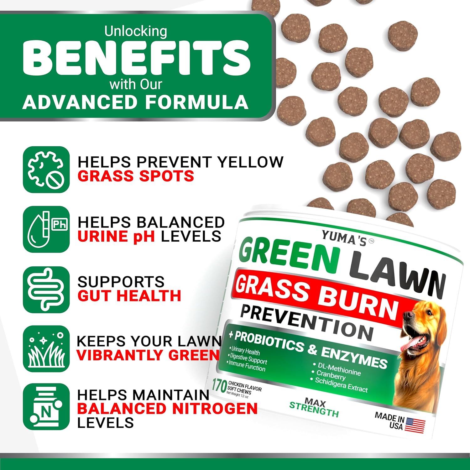 YUMA'S Dog Urine Neutralizer for Lawn - 170 Chews - Advanced Grass Green Savers for Dog Urine - Canine Pee Grass