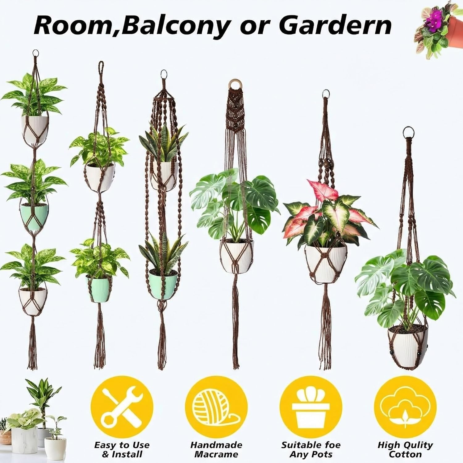 SATINIOR 12 Pcs Macrame Plant Hangers Handmade Boho Hanging Planters 12 Different Tiered Designs with 12 Hooks for