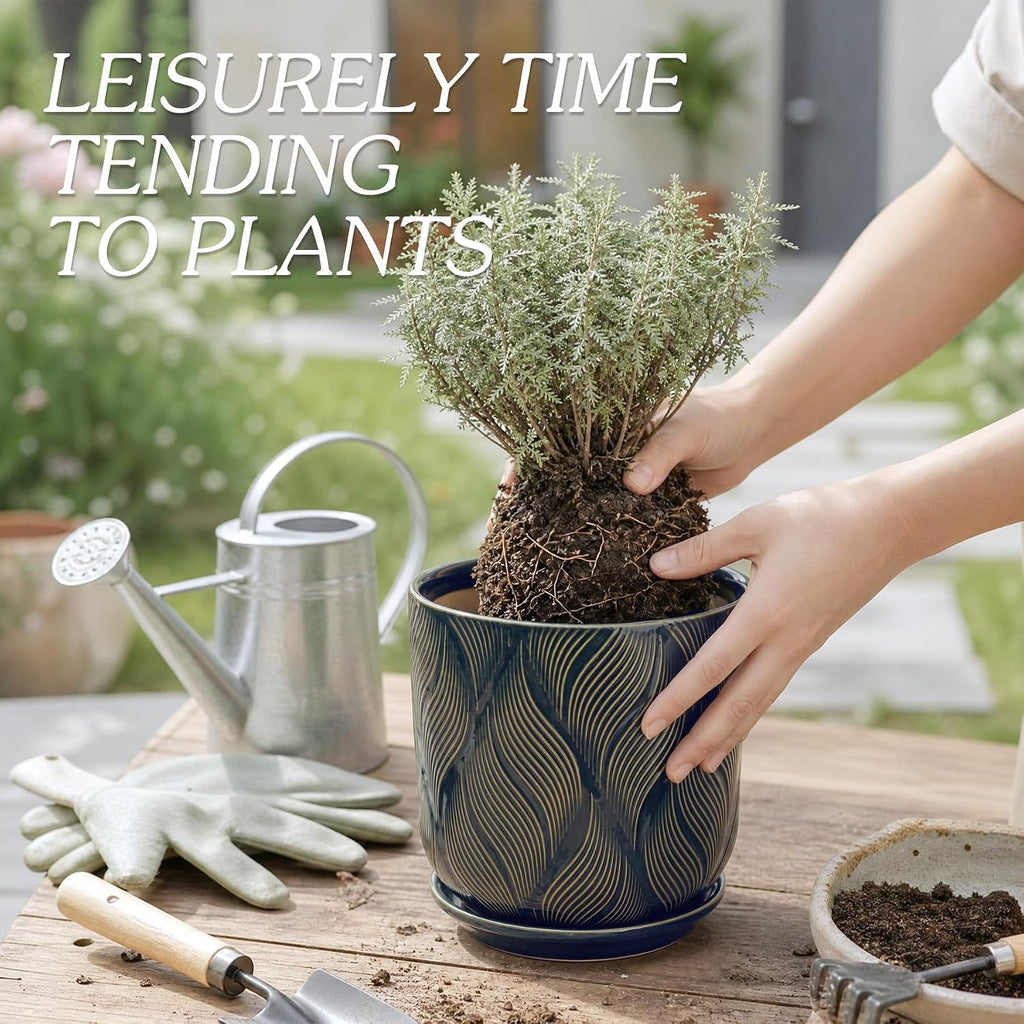 7.2 Inch Modern Ceramic Glaze Plant Pot with Drainage Hole,Mesh Net,Saucer,Indoor Outdoor Planter(Leaf-Blue)