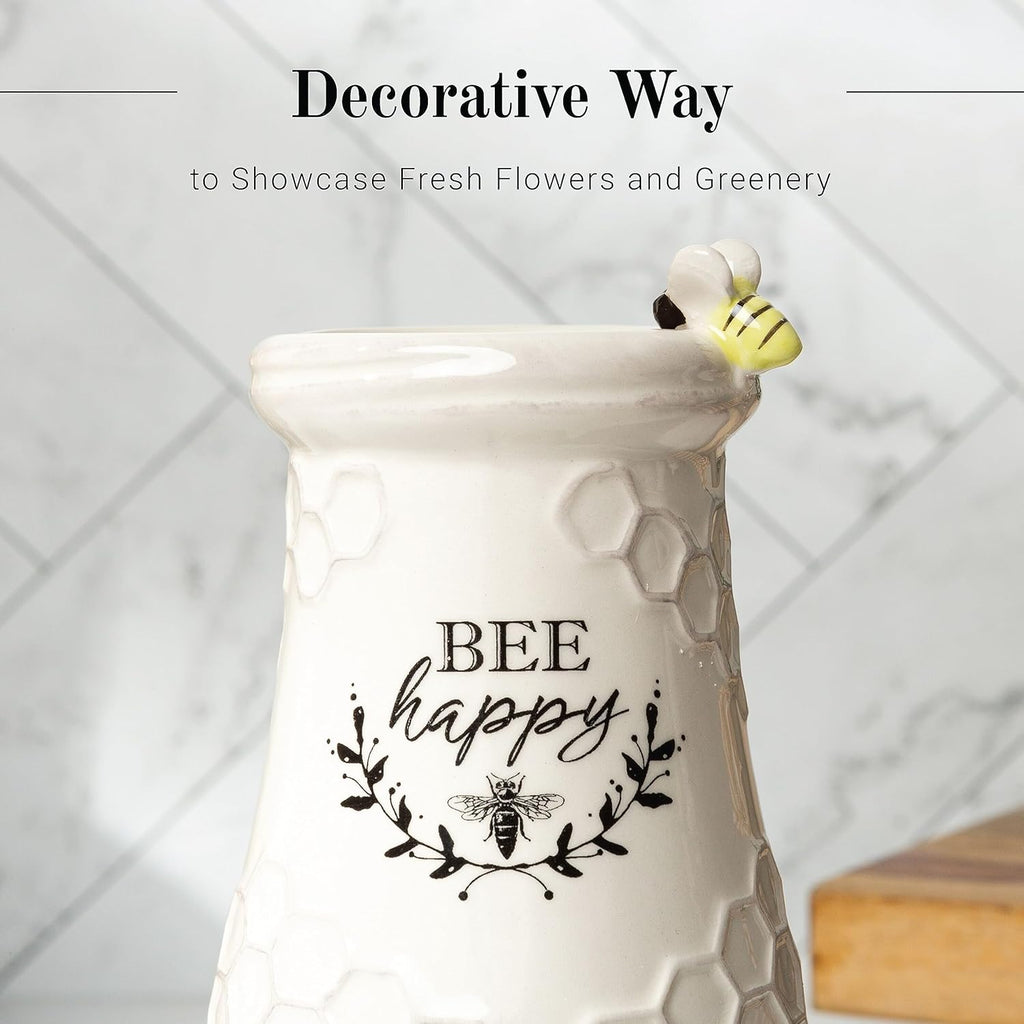 Young's Inc Ceramic Bee Flower Vase, Rustic Farmhouse Honey Bee Vase for Fresh & Faux Flowers, Bee Happy Floral