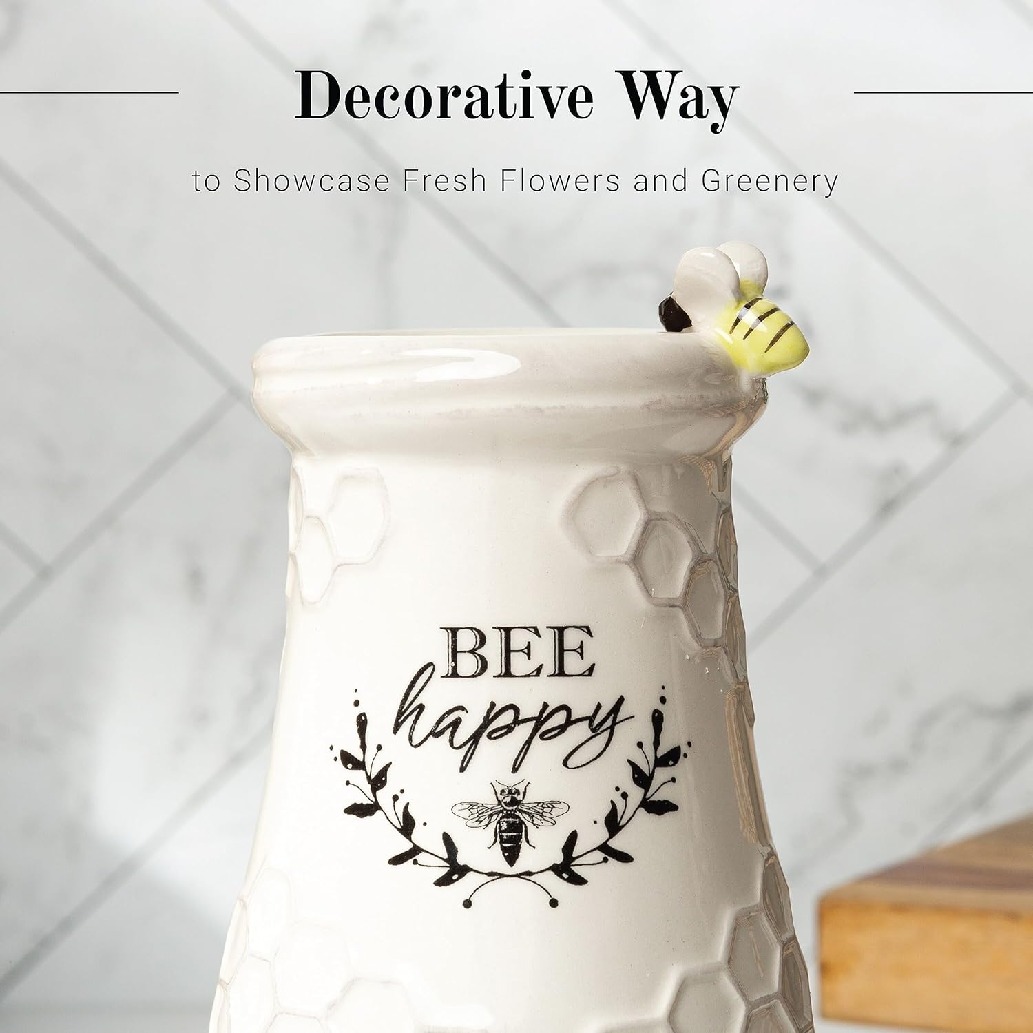 Young's Inc Ceramic Bee Flower Vase, Rustic Farmhouse Honey Bee Vase for Fresh & Faux Flowers, Bee Happy Floral