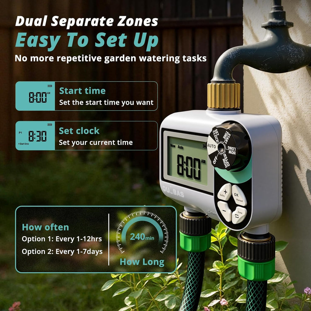 QUOBAS Brass Sprinkler Timer, Programmable Water Hose Timer for Garden Hose | 2 Zone Faucet Timer with Waterproof LCD
