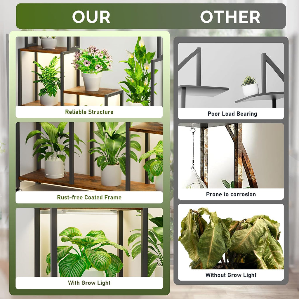 CODACE Plant Stand Indoor with Grow Light - 71 Inches Tall Plant Shelf | 8 Tiered Large Metal Plant Stand, Square Stand