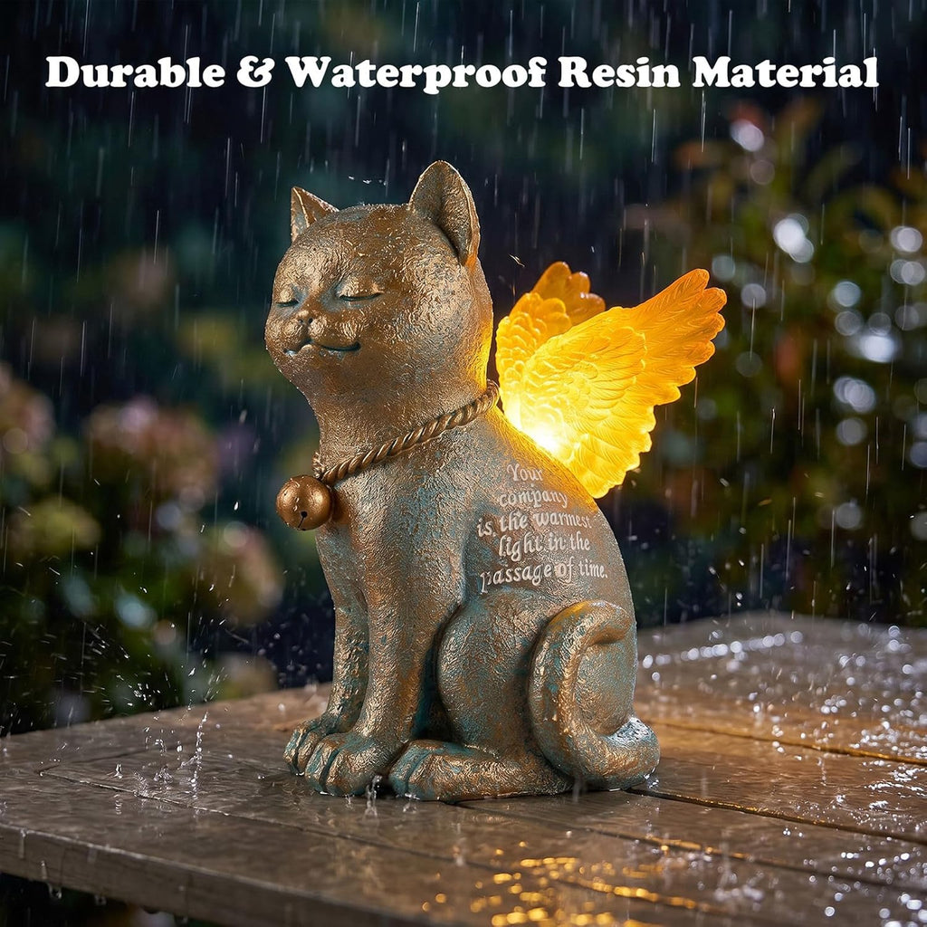 Pet Memorial Angel Cat Statue - Solar Powered Glowing Resin Garden Statue | Waterproof with LED Light Wings, Memorial