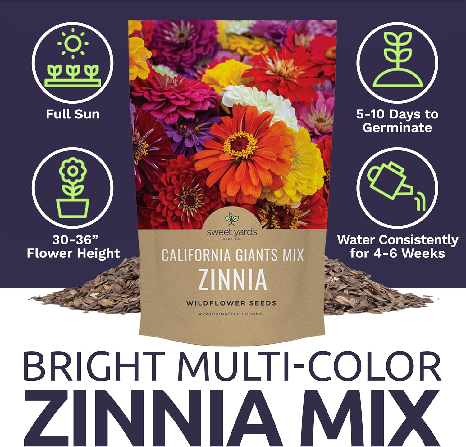 Bulk Zinnia Seeds - California Giants Mix - 5 Pounds - Over 240,000 Flower Seeds - Mixed Colors and Large Blooms
