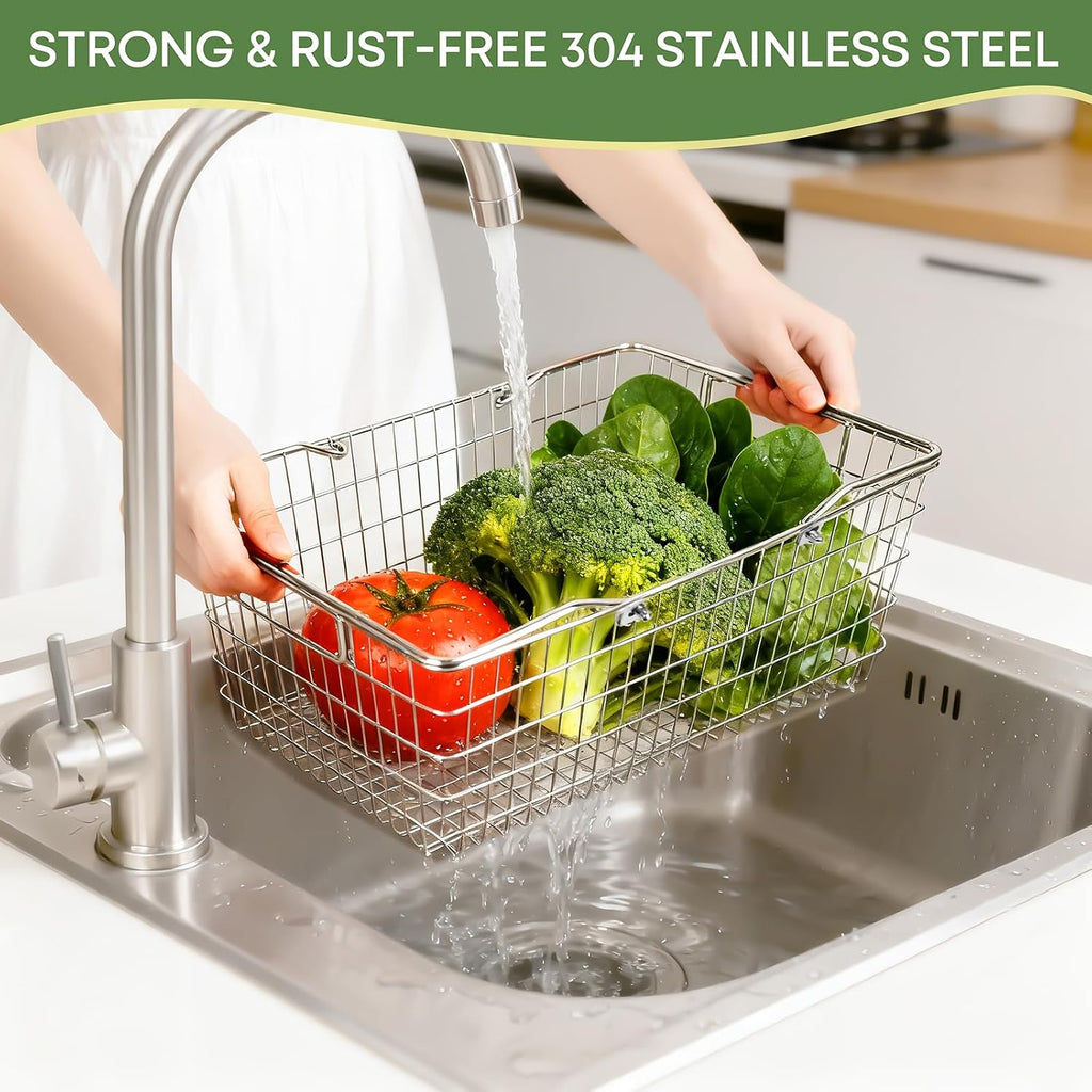 Wire Harvest Basket, Kitchen Organizers and Storage with Foldable Handle - 15.0"x9.8"x6.9" Portable Stainless Steel