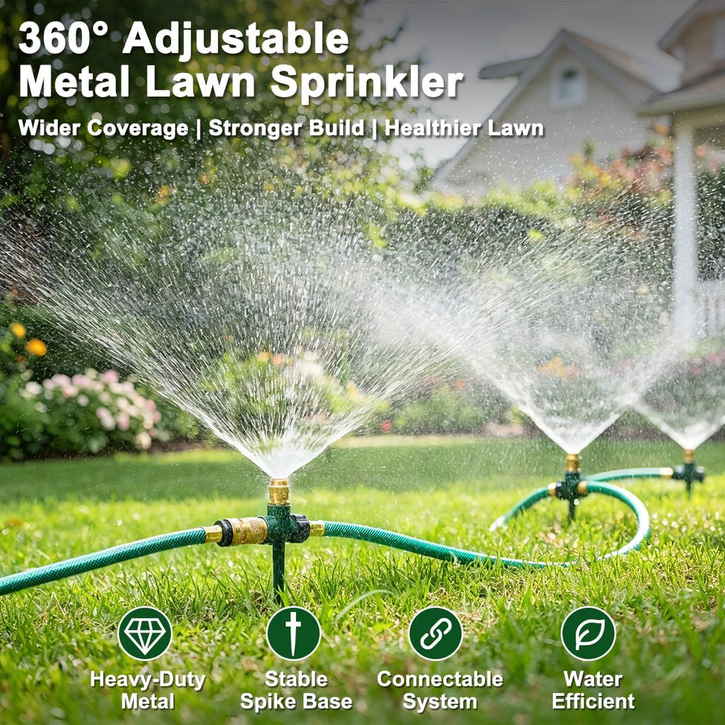 FANHAO 3-Pack Heavy-Duty Metal Lawn Sprinkler for Yard, 360° Adjustable Garden Water Sprinkler with Spike Base, Large
