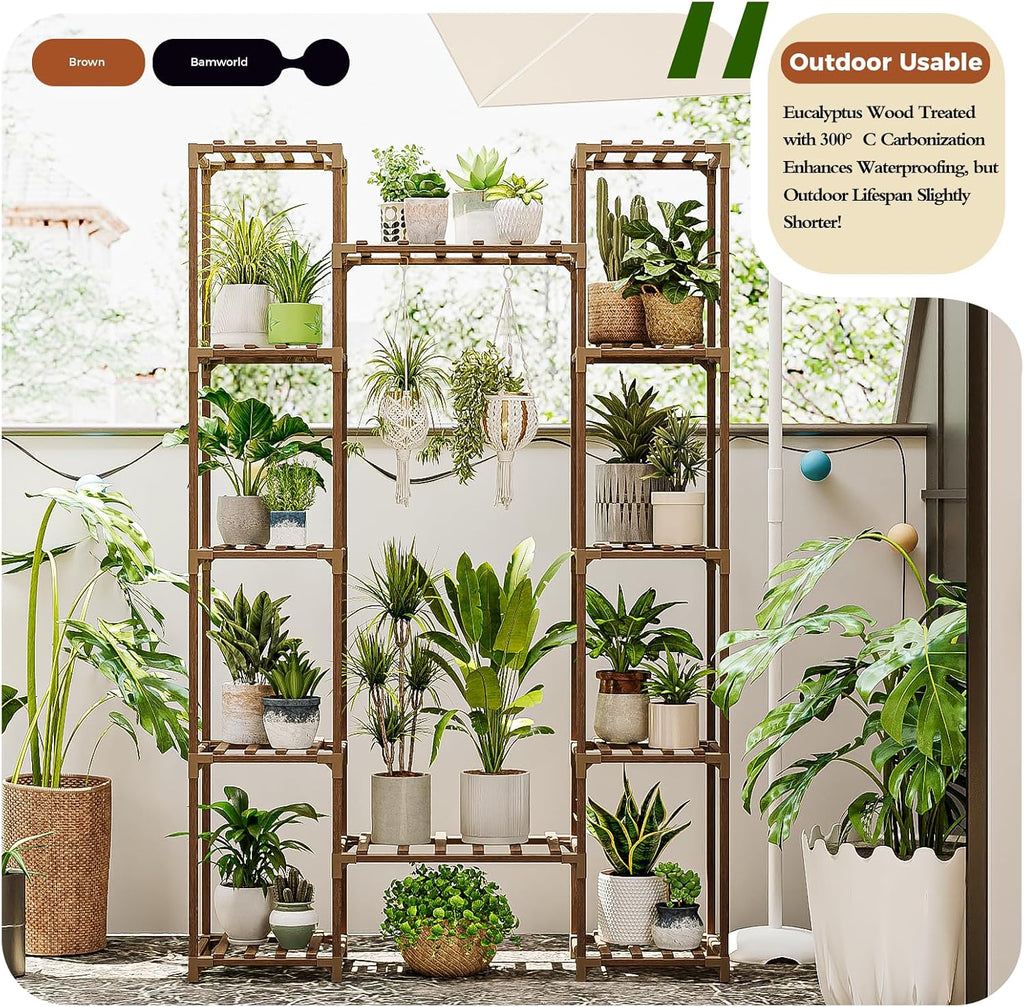 Bamworld Plant Stand Indoor Outdoor 12 Tier Tall Large Wood Plant Shelf | Widened Multi Tier Flower Stands Garden