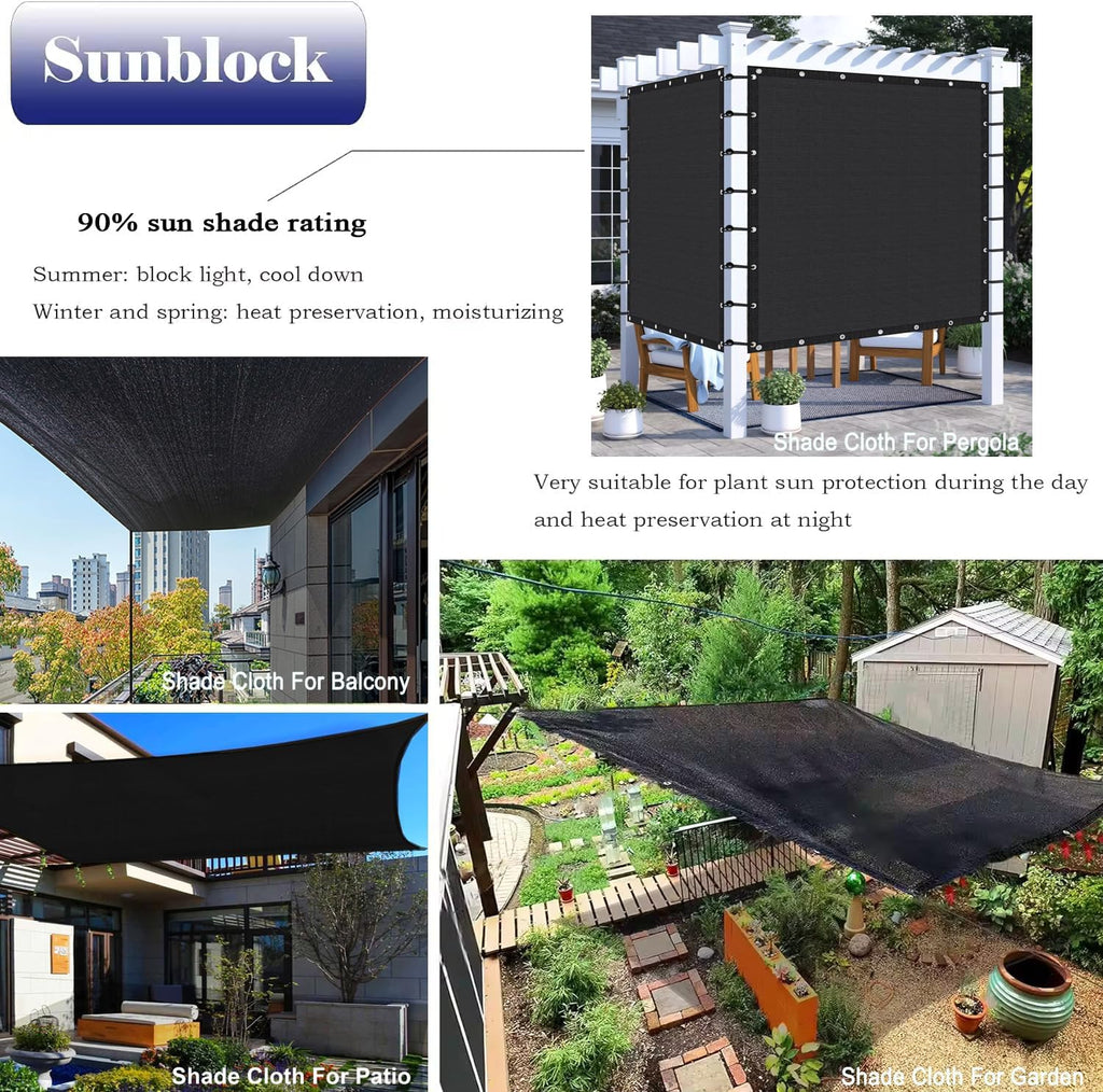 90% Shade Cloth for Garden 8x20 FT, Black Sun Shade Mesh Fabric | UV Block Sunshade Screen for Greenhouse, Balcony