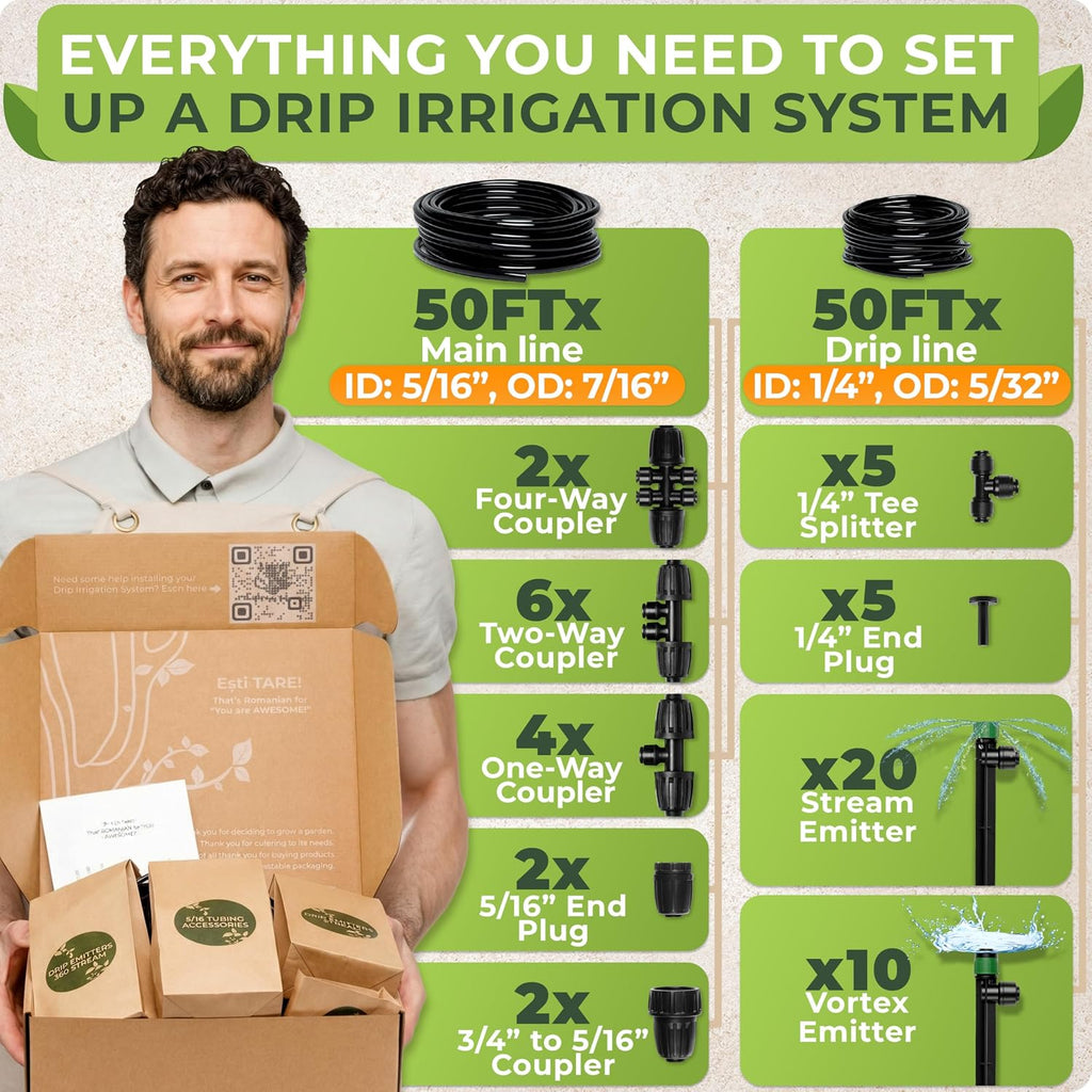 Quick Connect Drip Irrigation System Kit with Sprinkler, 100 feet | For Garden, Yard, Raised Beds, Plants, Lawn, with