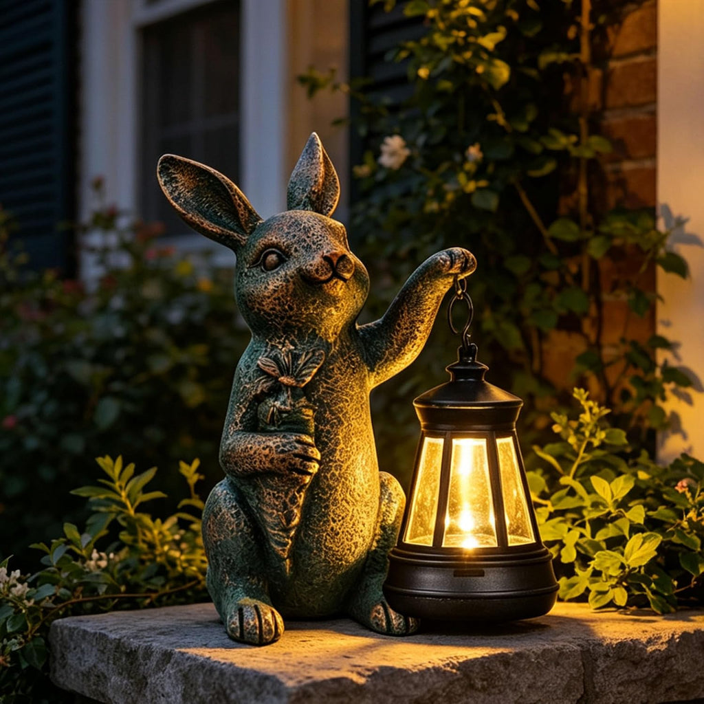 Solar Garden Statues -Rabbit Lantern Outdoor Handmade Resin Statue with LED Light, Cute Carrot Holder for Patio, Yard
