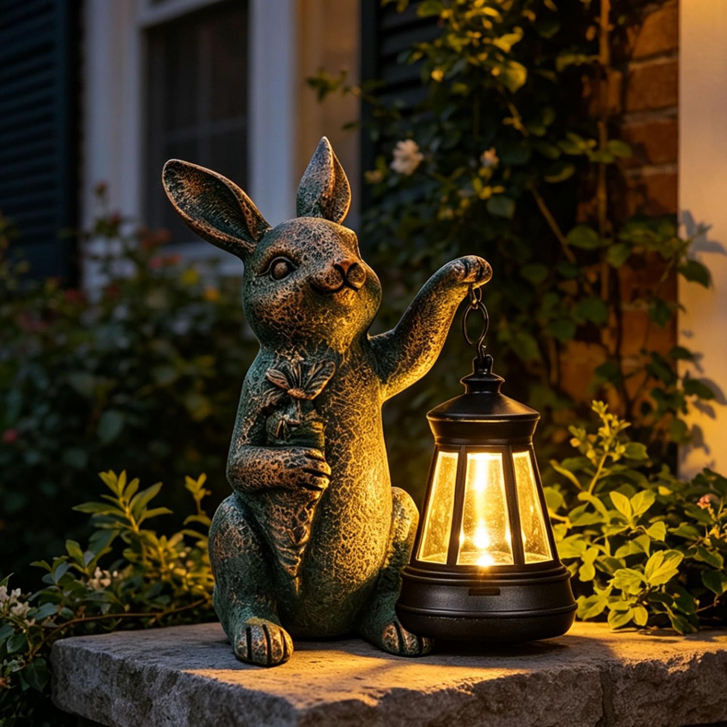Solar Garden Statues -Rabbit Lantern Outdoor Handmade Resin Statue with LED Light, Cute Carrot Holder for Patio, Yard