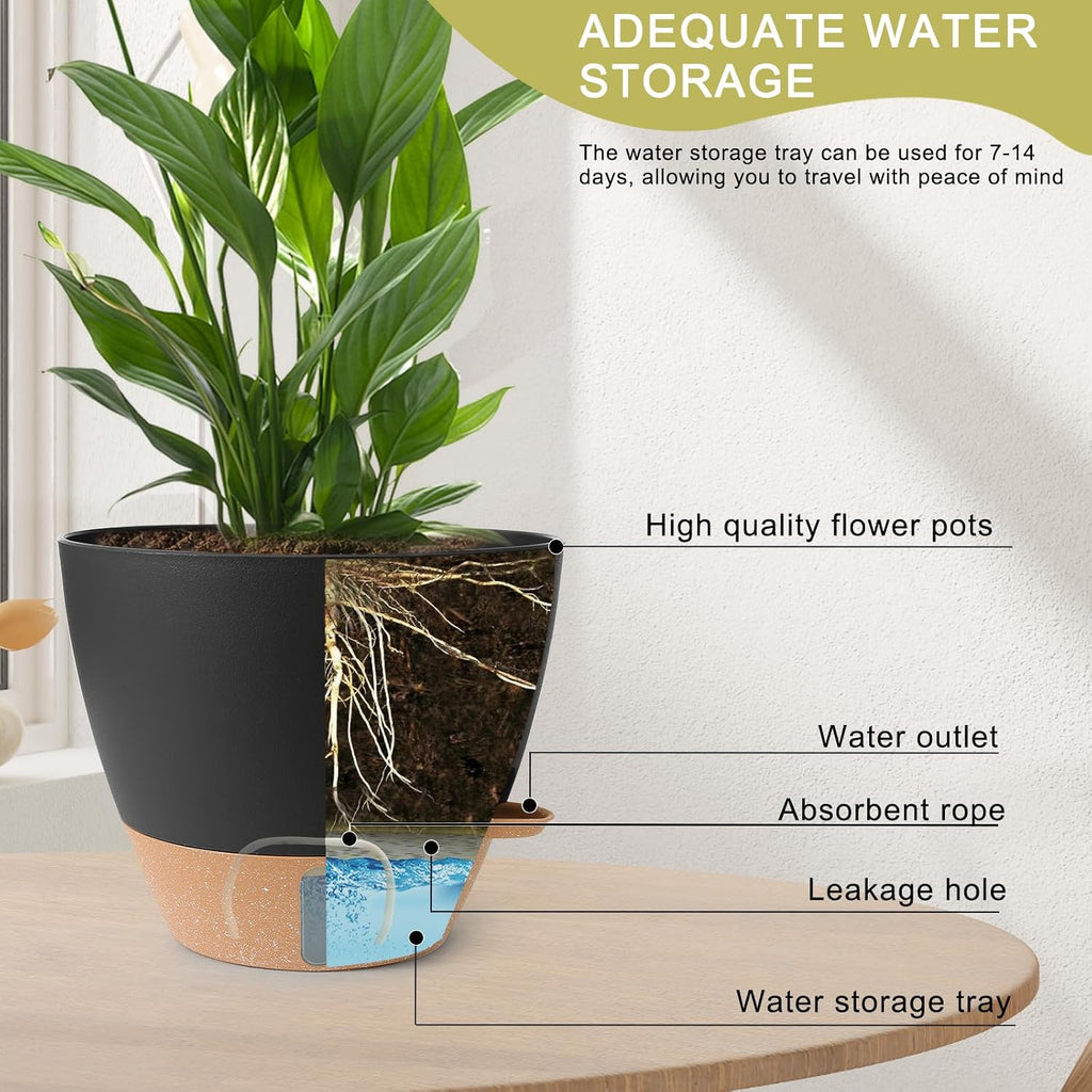 Self Watering Pots for Indoor Plants 12/10/9/8 Inch Plastic with Reservoir | Visible Water Level Indicator,Two Weeks