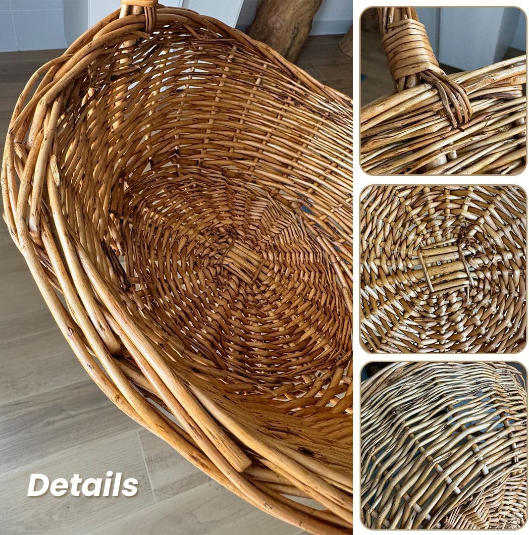 Natural Woven Willow Picnic Basket with Handle - Handcrafted Wicker Storage Basket for Picnic, Shopping, Home