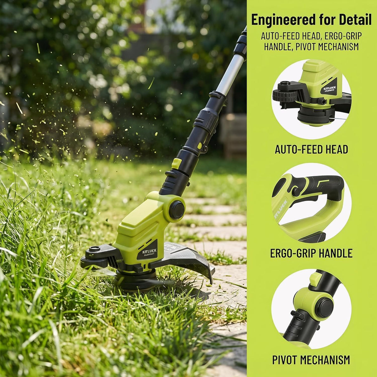 KITLUCK Cordless String Trimmer & Edger, 20V Electric Lawn Mower Weed Cutter with Auto Line Feed, 12″ Grass Trimmer