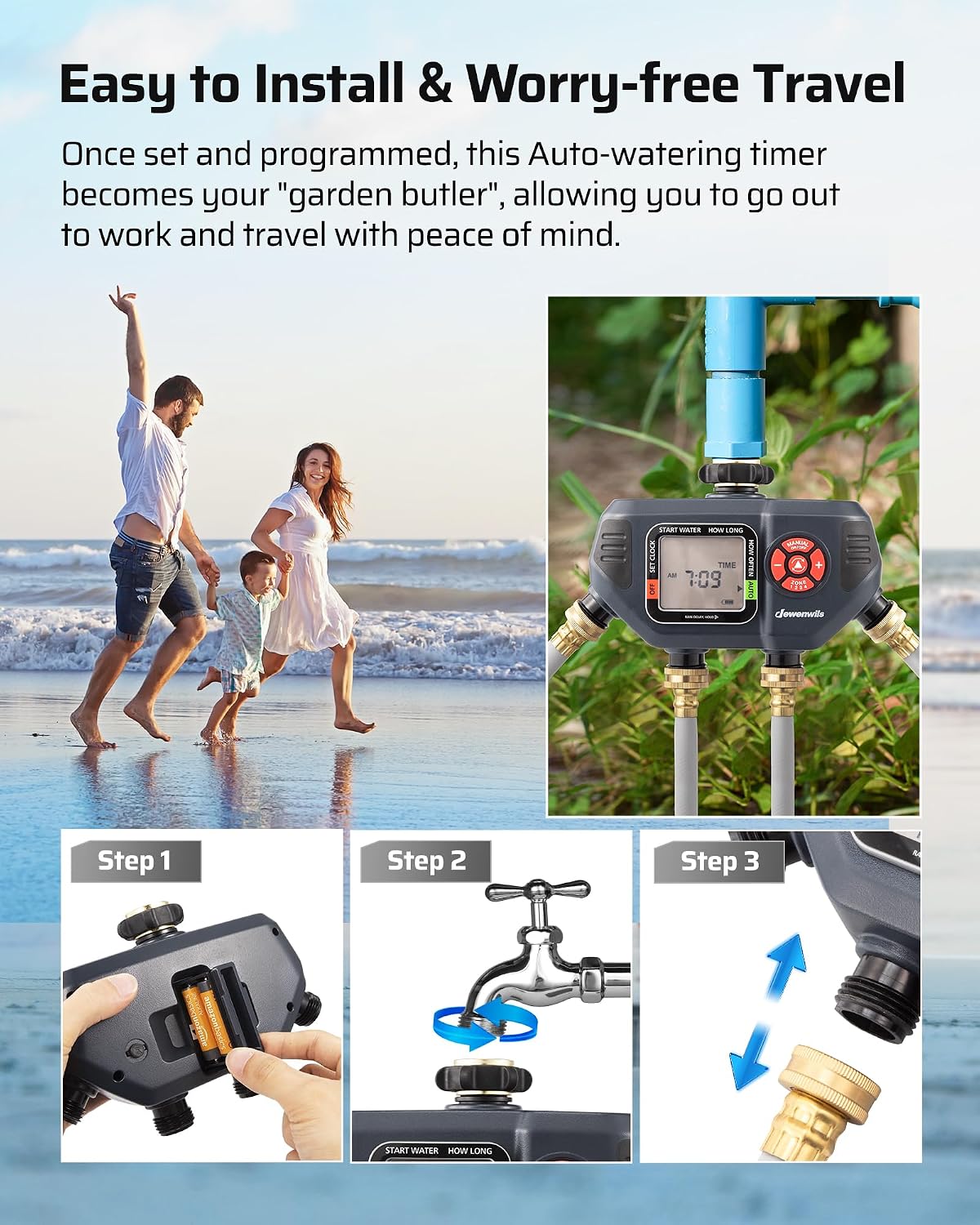 DEWENWILS Sprinkler Timer 4 Zone, with Rain Delay/Manual/AUTO Irrigation | 120Psi Pressure, Independent Control