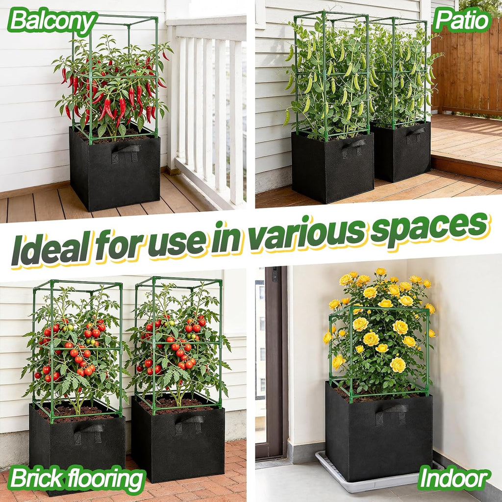 ANPHSIN Sturdy Square Tomato Cage with Movable 17 Gal Grow Bags, 3 Sets | 46'' Plants Garden Trellis Planter, Support